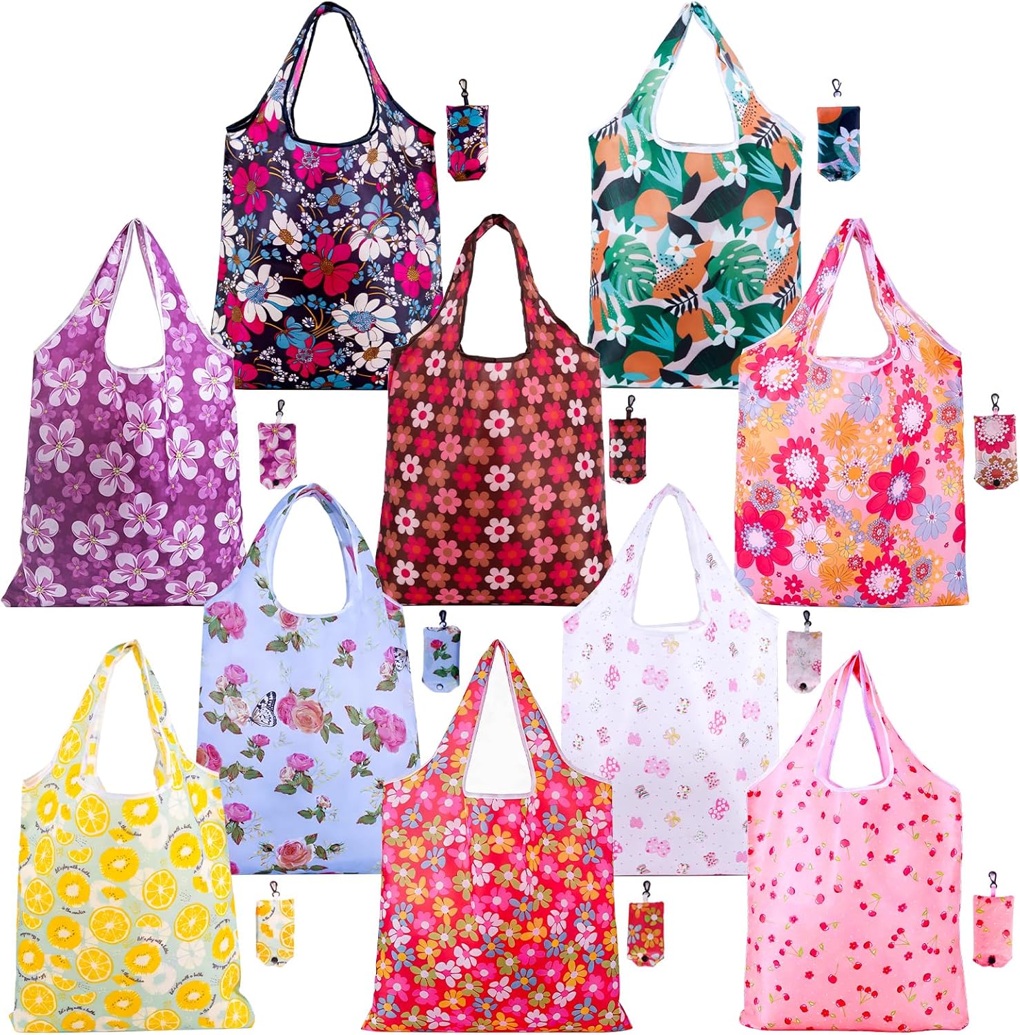 10 Pack Reusable Grocery Bags, 50LBS Foldable Reusable Grocery Nylon Shopping Bags, Machine Washable Waterproof (Nylon Flower)