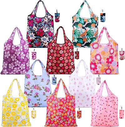 10 Pack Reusable Grocery Bags, 50LBS Foldable Reusable Grocery Nylon Shopping Bags, Machine Washable Waterproof (Nylon Flower)
