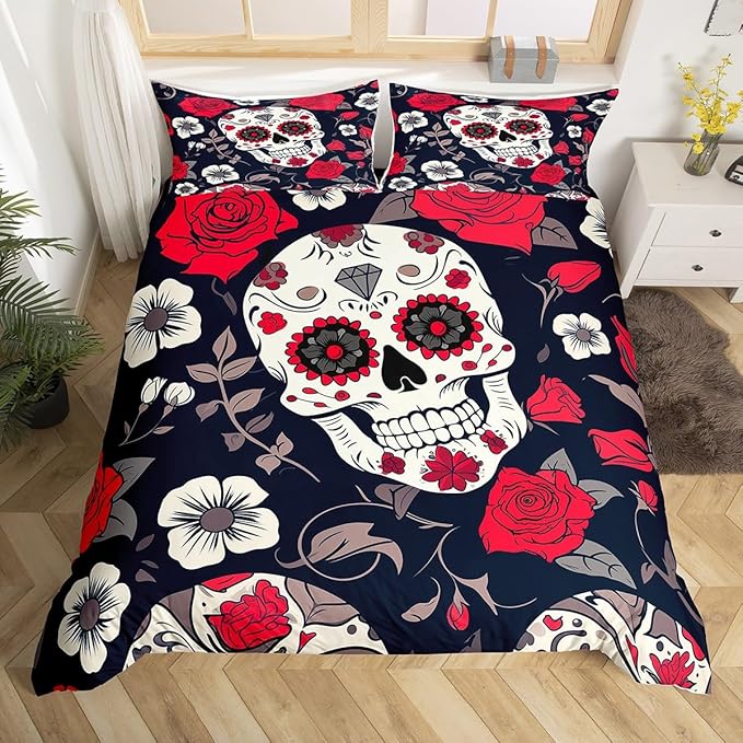 Gothic Sugar Skull Duvet Cover Set - Full Size, Kids Man Gothic Bedding Set with 2 Pillow Shams, Black Red Rose Flowers Death Skeleton Quilt Cover