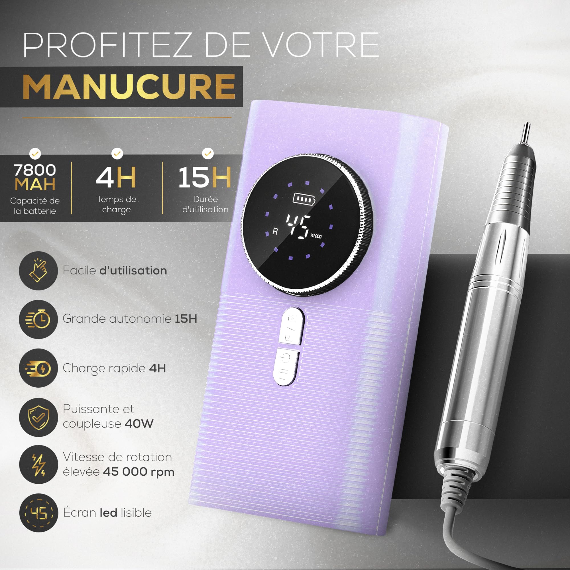 Ponceuse pour Ongles professionnelle 45000RPM - Puissante et Silencieuse -15H d'autonomie - Écran LCD - Embout Céramique - Manucure/Pédicure - 11 Embouts de ponçage - 6 bandes abrasive (LILAS)