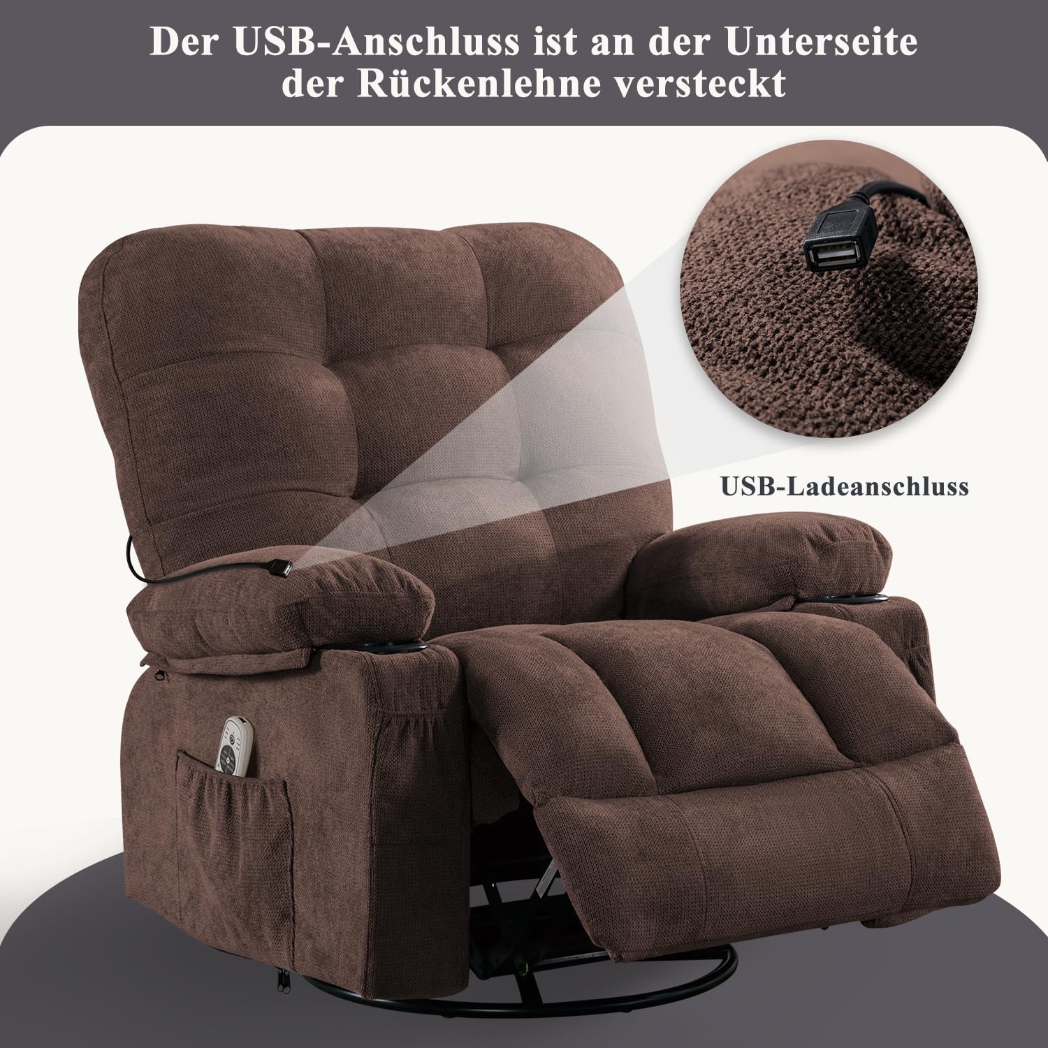 Bosmiller Relaxsessel mit Liegefunktion Elektrisch Fernsehsessel Oversize 360° Drehbarer Liegesessel mit Wärmefunktion Heizung Verstellbar Sessel Stoff TV-Sessel für Wohnzimmer, Braun