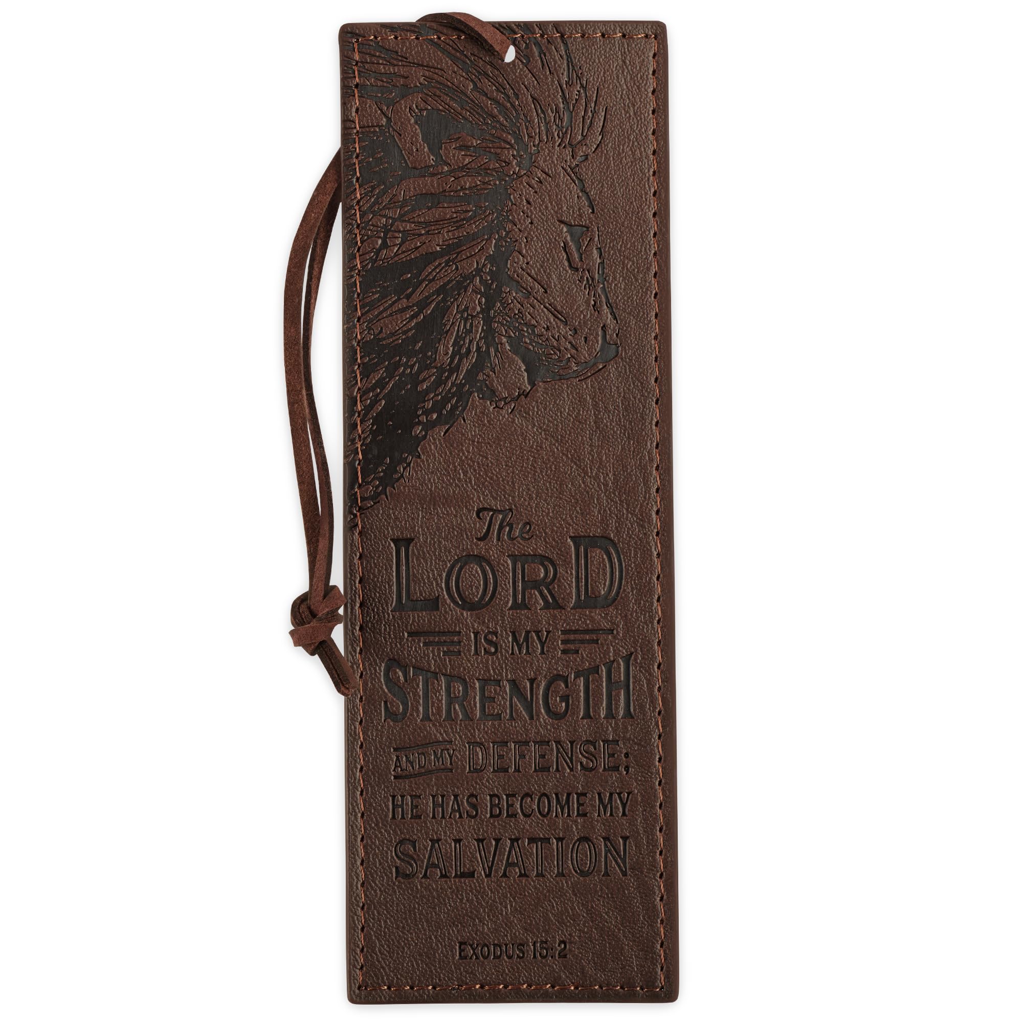 Brown Faux Leather Bookmark | The Lord is My Strength Exodus 15:2 Bible Verse | Inspirational Bookmark for Men and Women w/Leather Cord