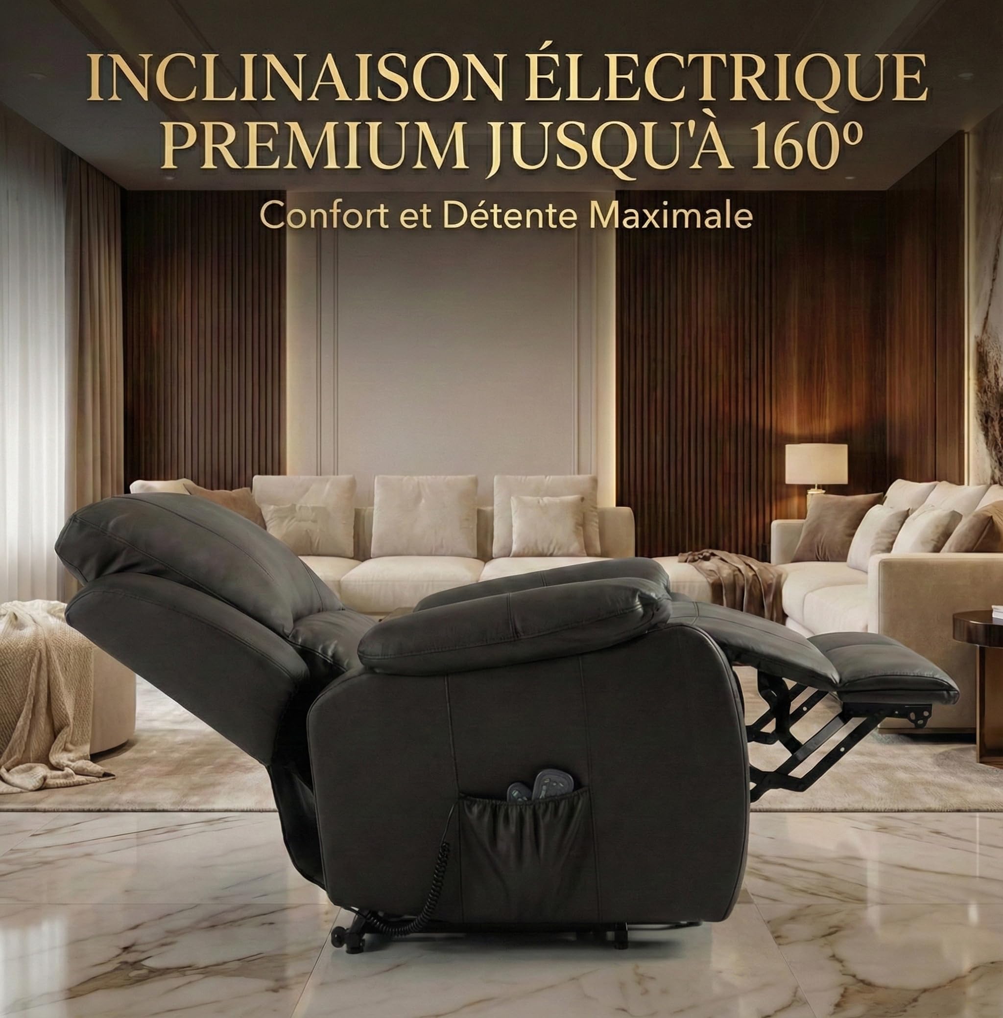 ECODE Fauteuil Releveur Électrique en Cuir de Vachette avec Massage et Chaleur Lombaire - Inclinaison 160° et Fonction Aide au Lever - Relax Idéal pour Personnes Âgées