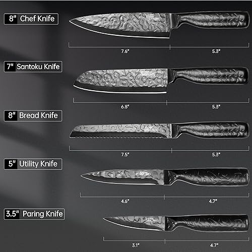 Miniatura 2 de Vvwgkpk Juego de cuchillos de cocina, juego de 5 cuchillos negros con mango ergonómico, cuchillos de colección martillados de acero inoxidable de