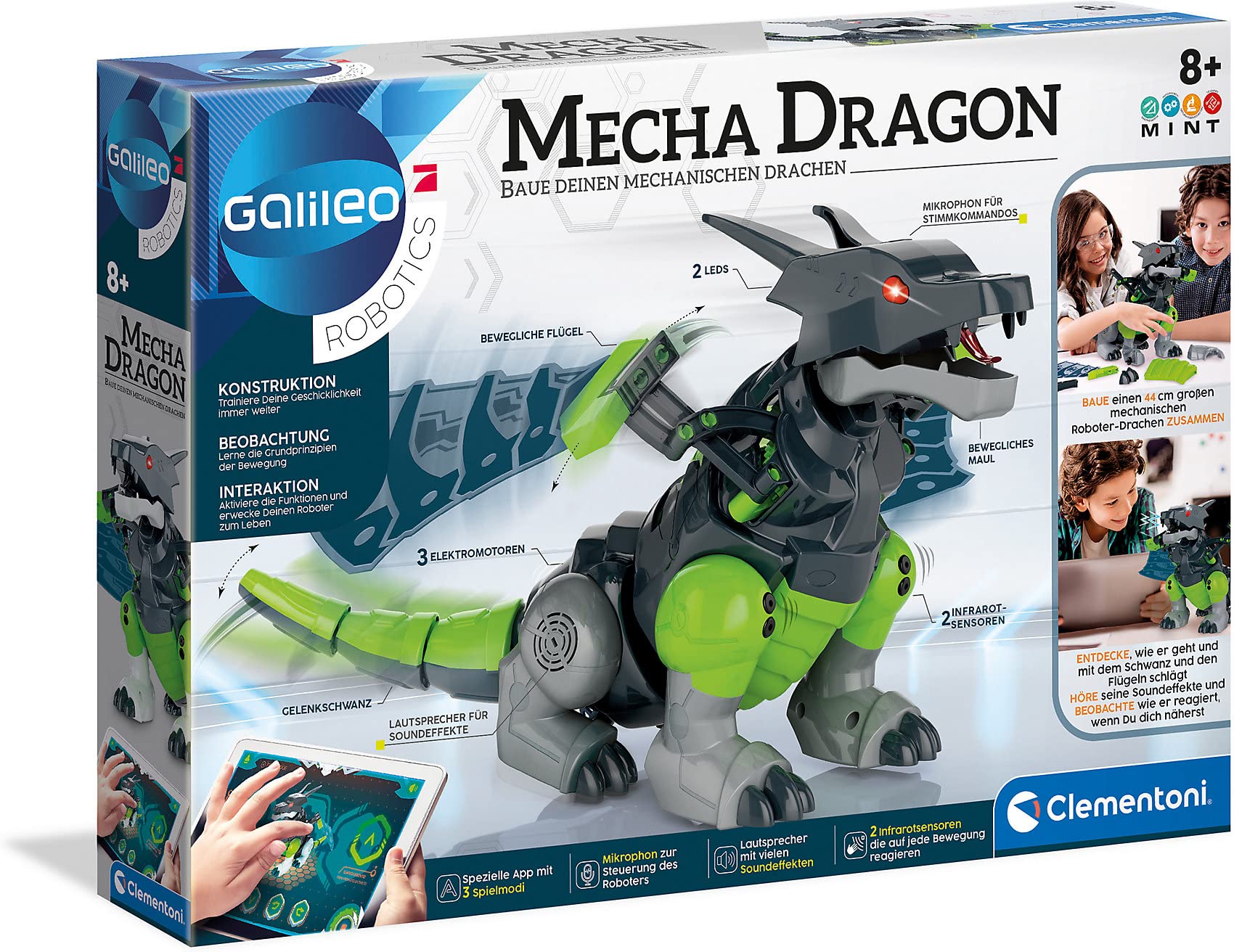 Clementoni Galileo Robotics Mecha Dragon, zestaw do budowy robota smoka, 3 silniki, czujniki i sterowanie za pomocą aplikacji, idealna jako prezent, elektroniczna zabawka dla dzieci od 8 lat od