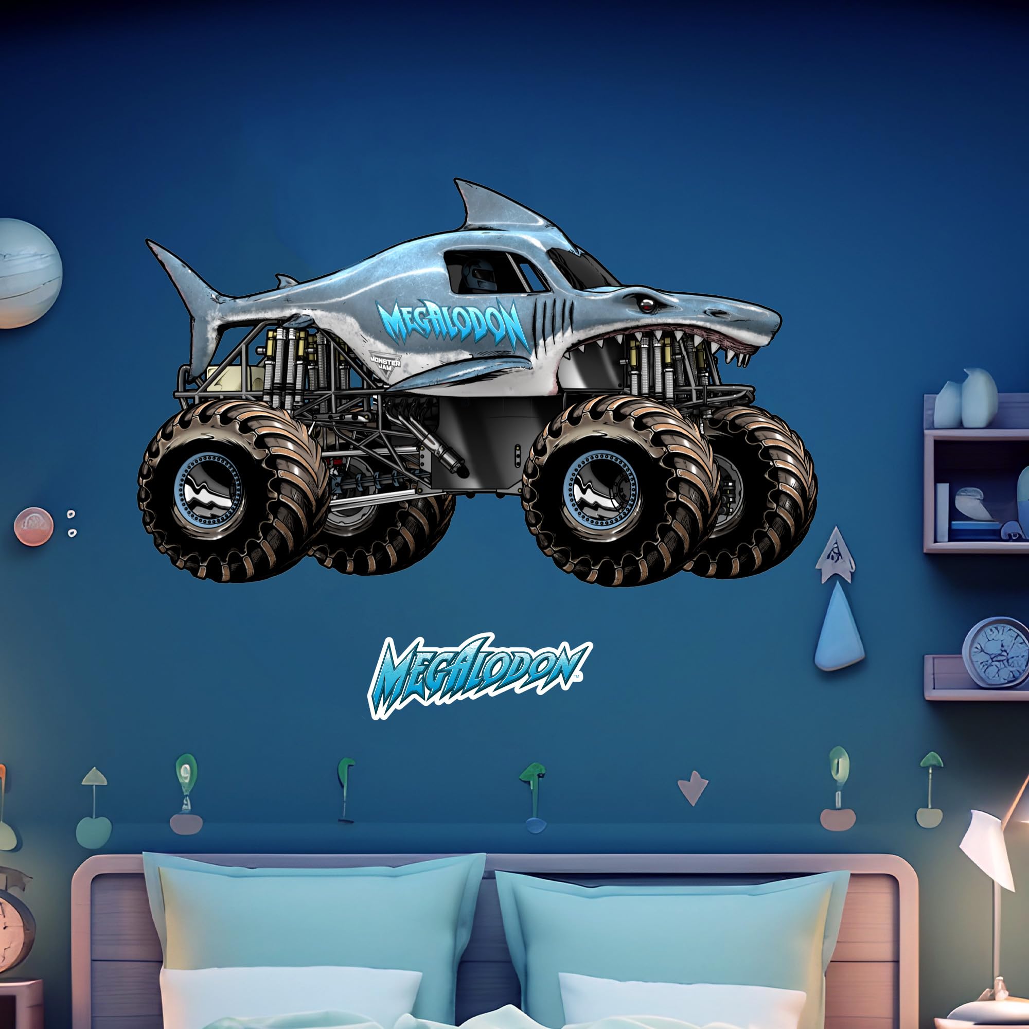 Themed Multicolour Monster Jam Wall Sticker - Megalodon Monster Jam Truck Wall Decal Art (120Cm Width X 70Cm Height)
