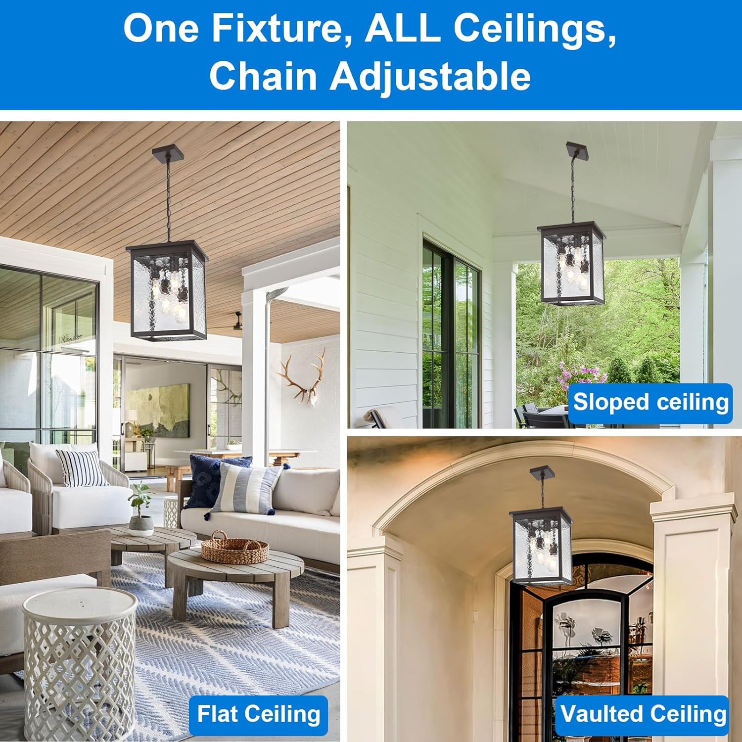 16.7'' Large Outdoor Pendant Light, 4-Lights Black and Brushed Brass Exterior Hanging Porch Chandelier Lantern with Hammer Glass, Outdoor Ceiling Light Fixture for Entryway Gazebo Patio