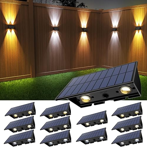 Miniatura 10 de Luces solares para valla, paquete de 6 luces solares para exteriores, color blanco cálido + RGB arriba y abajo, impermeables, 100 lúmenes, del
