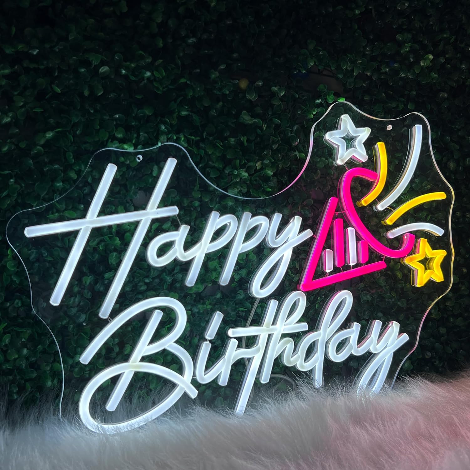 Happy Birthday Neon Sign, 20'' LED Happy Birthday Light Up Party Sign for Wall Decor with USB Plug, Light Up Sign for Birthday Party Decorations, Gift, Cake Table Backdrop Neon Lighting - Cold White