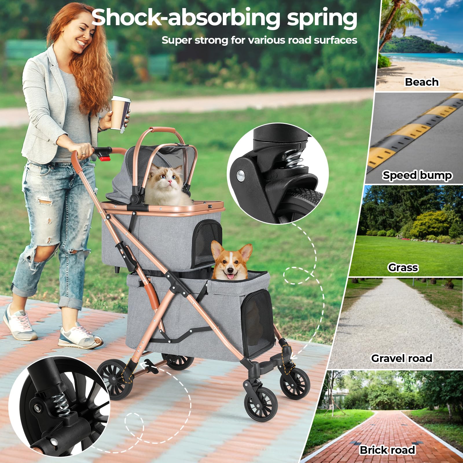 MAMIZO Passeggino Doppio Strato per Cani, Pieghevole Passeggino per Animali Domestici fino a 15 kg, Carrello per Cani con 4 PCS ruote, Passeggino Cane con Finestre a Rete e Portabevande, Grigio