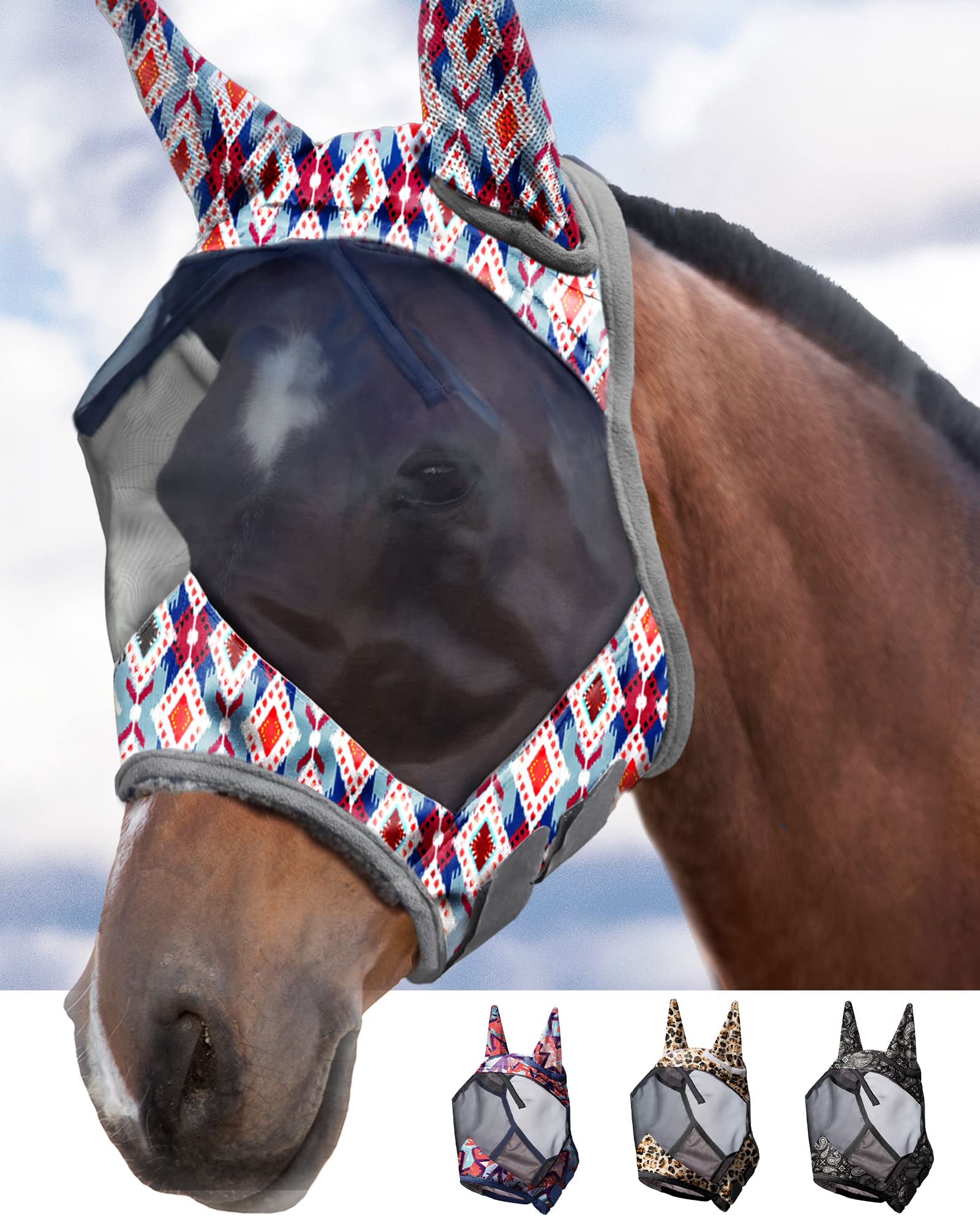 Harrison Howard CareMaster Máscara de Mosca de Caballo Estándar con Orejas Protección UV para Caballo-Estampado de Leopardo (L) — view 16