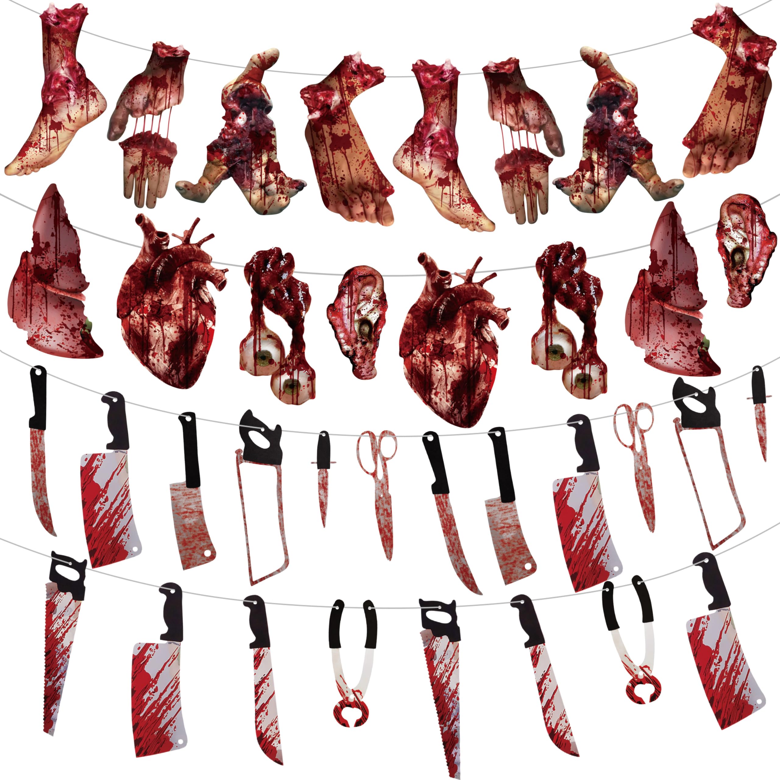 32PCS Bloody Garland Banner Props - Halloween Decorations & Zombie Vampire Party Supplies For Haunted House, Bar, Office, Home, Indoor/ Outdoor Yard Decor & Weapons