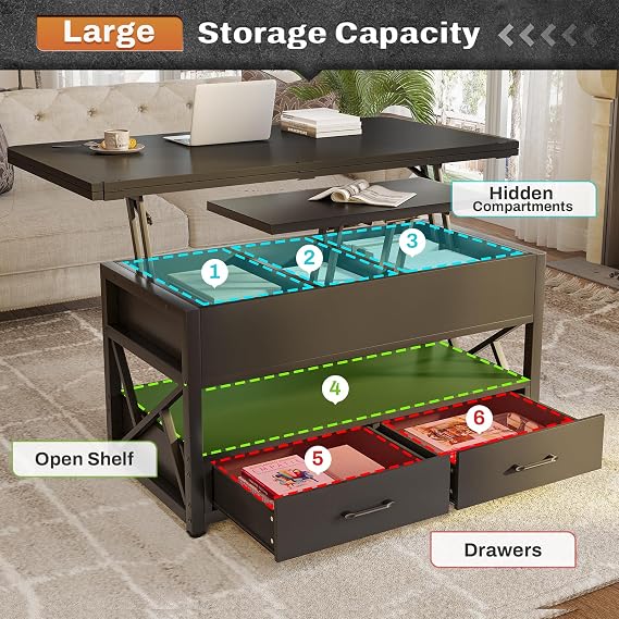 Itaar 40 Lift Top Coffee Table, 4 in 1 Coffee Tables with Storage for Living Room, Small Farmhouse Coffee Table with 2 Drawers & LED Light for Dining Reception Room, Black