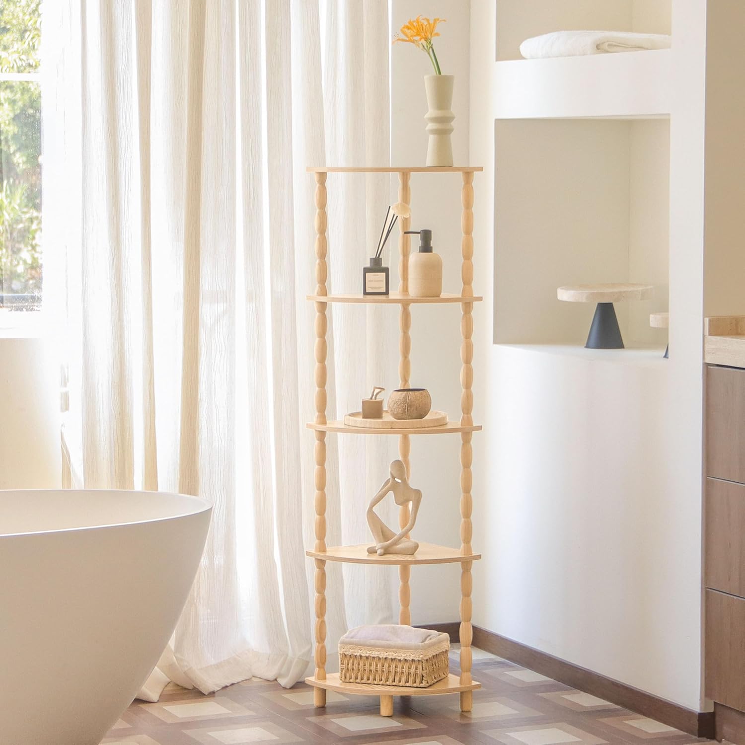 maxsmeo corner shelf, 5-tier corner bookshelf for small spaces, stylish corner storage display shelves for bedroom, bathroom, kitchen, living room (natural)