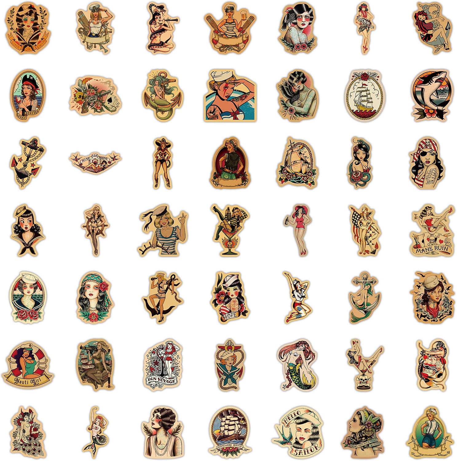 Buy Vintage Stickers, 100pcs Retro Girl Sailor Jerry Sticker ...