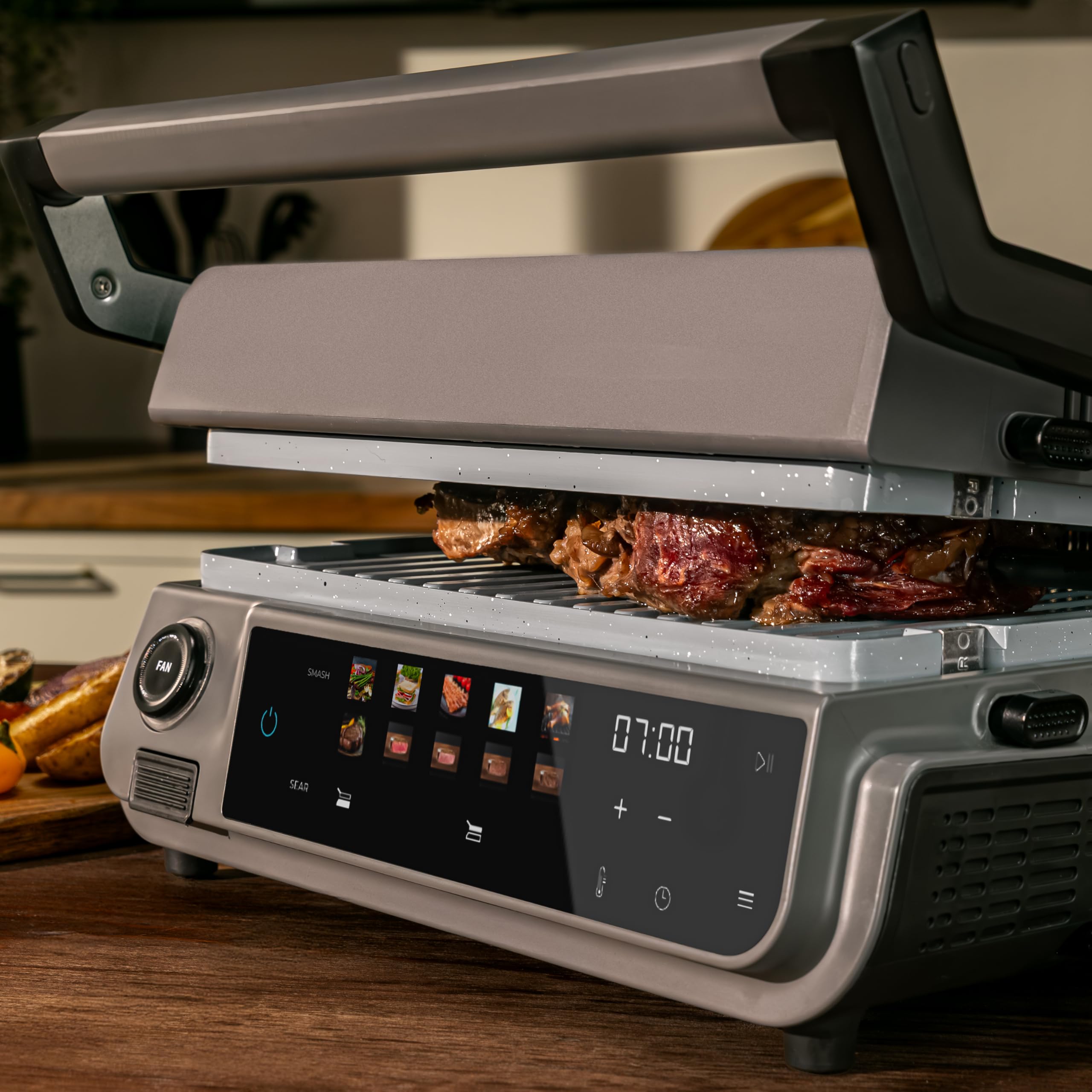 Cecotec Griglia elettrica con Grill Rock'nGrill 2000 Smash PerfectCook. 2000 W, Sonda Temp, Smash Burger, Smokeless, Dual Temp, Raccoglitori, piastre reversibili, superficie 30 x 21 cm, acciaio