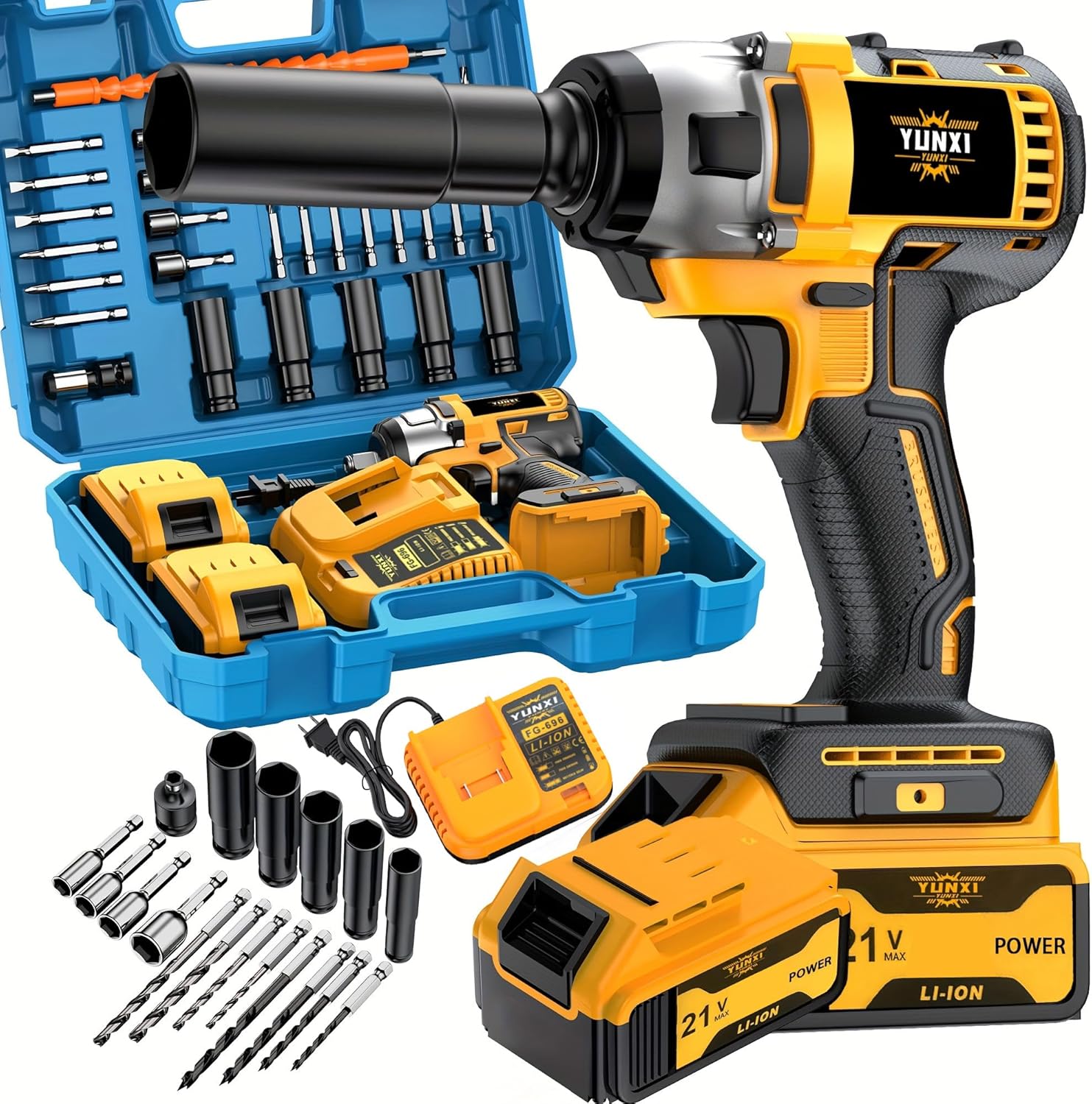 new impact wrench, impact wrench with charger, ergonomic grip and durable plastic structure, suitable for construction projects, heavy-duty DIY (High capacity battery * 2+deluxe package)