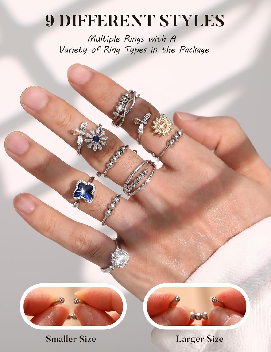sailimue Anxiety Ring Fidget Ring for Women Men Spinner Fidget Rings for Anti Anxiety Adjustable Open CZ Flower Bead Stress Relieving Spinning Rotatable Rings 9 Pcs - Image 6