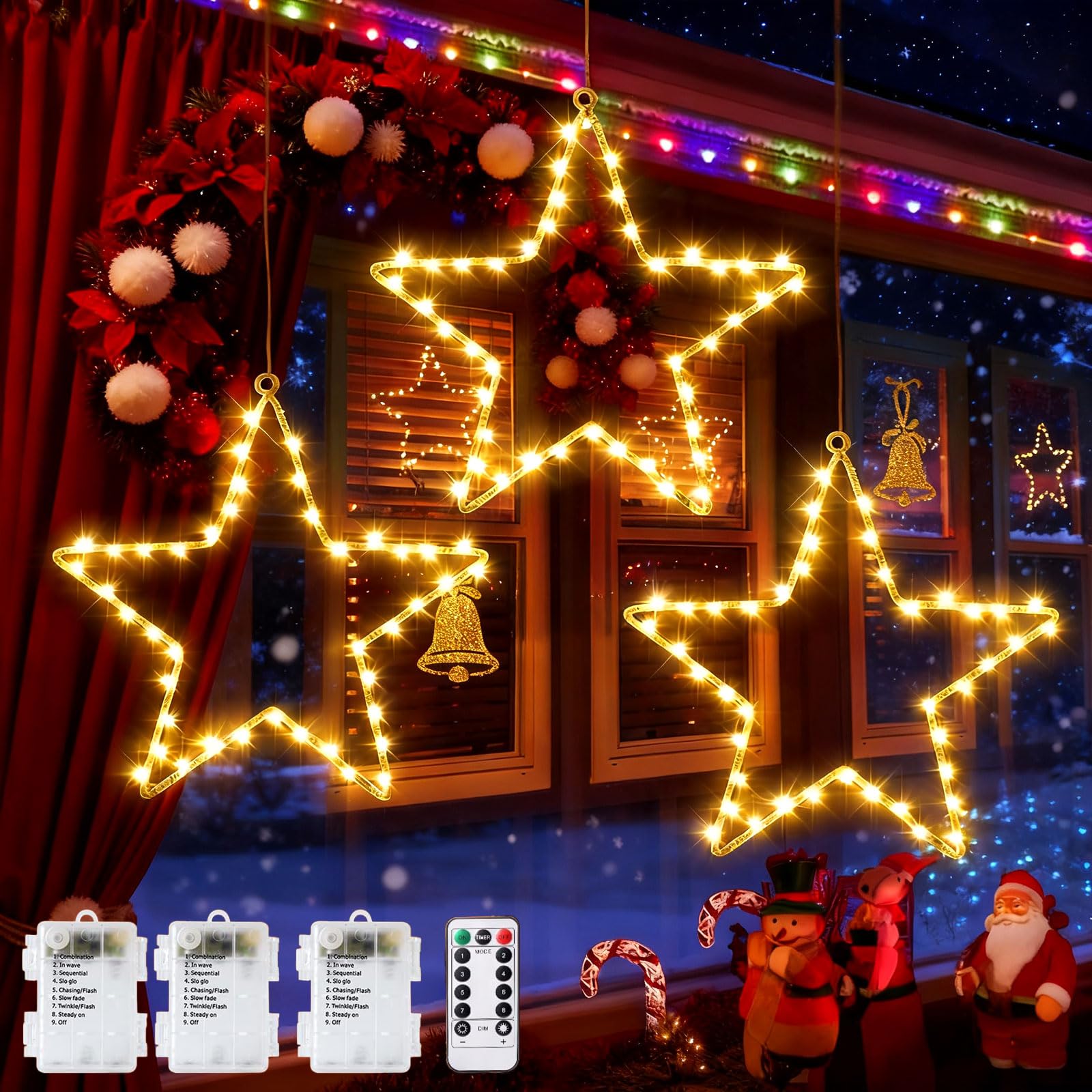 Luci Natale Esterno Batteria,[3 Pezzi]IP65 Stella di Natale Luminosa con Timer/D