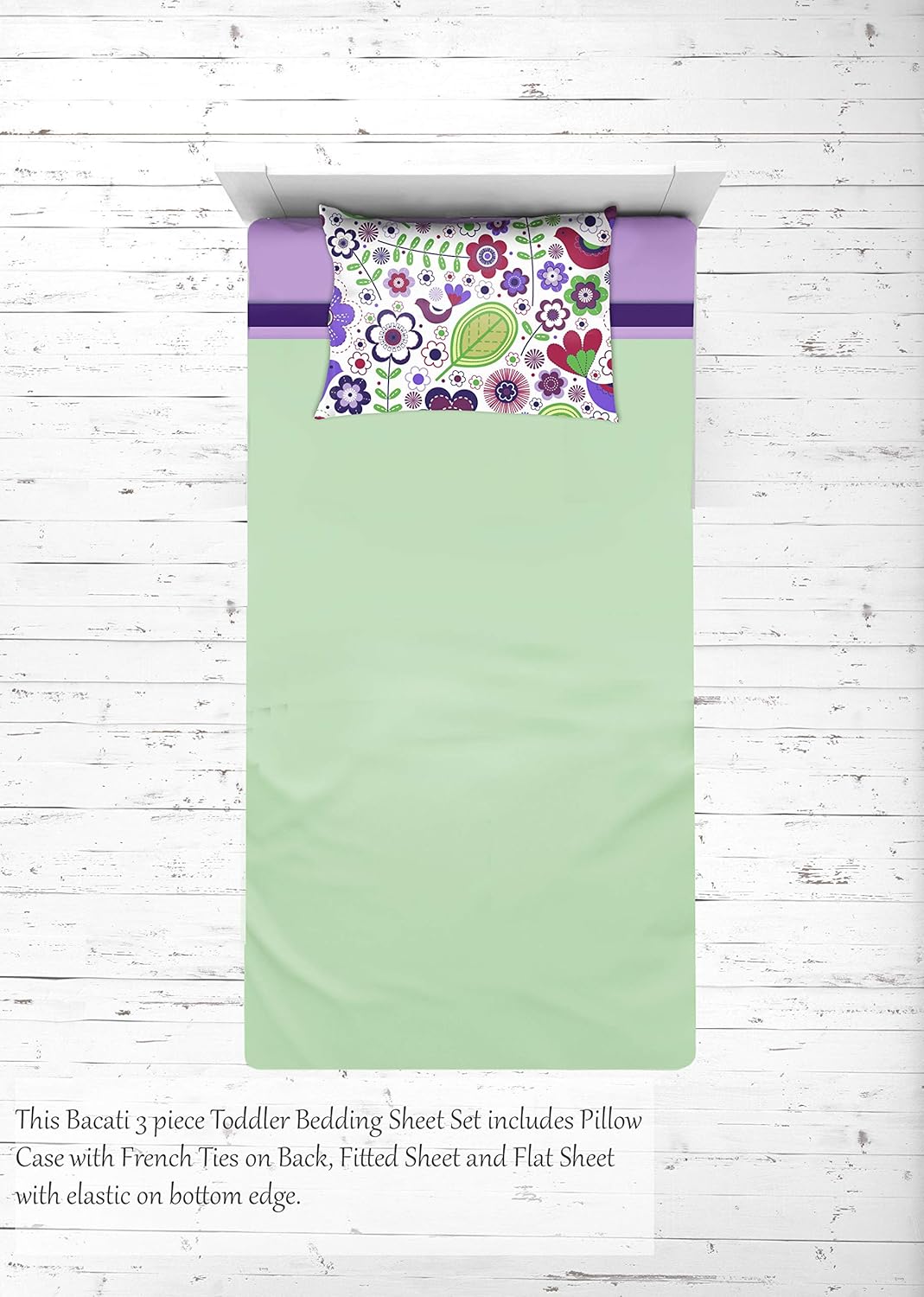 Bacati - Botanical Purple Girls 3 pc Cotton Toddler Sheet Set Including Fitted Sheet, Flat Sheet and Pillow Case for US Standard Crib/Toddler Bed