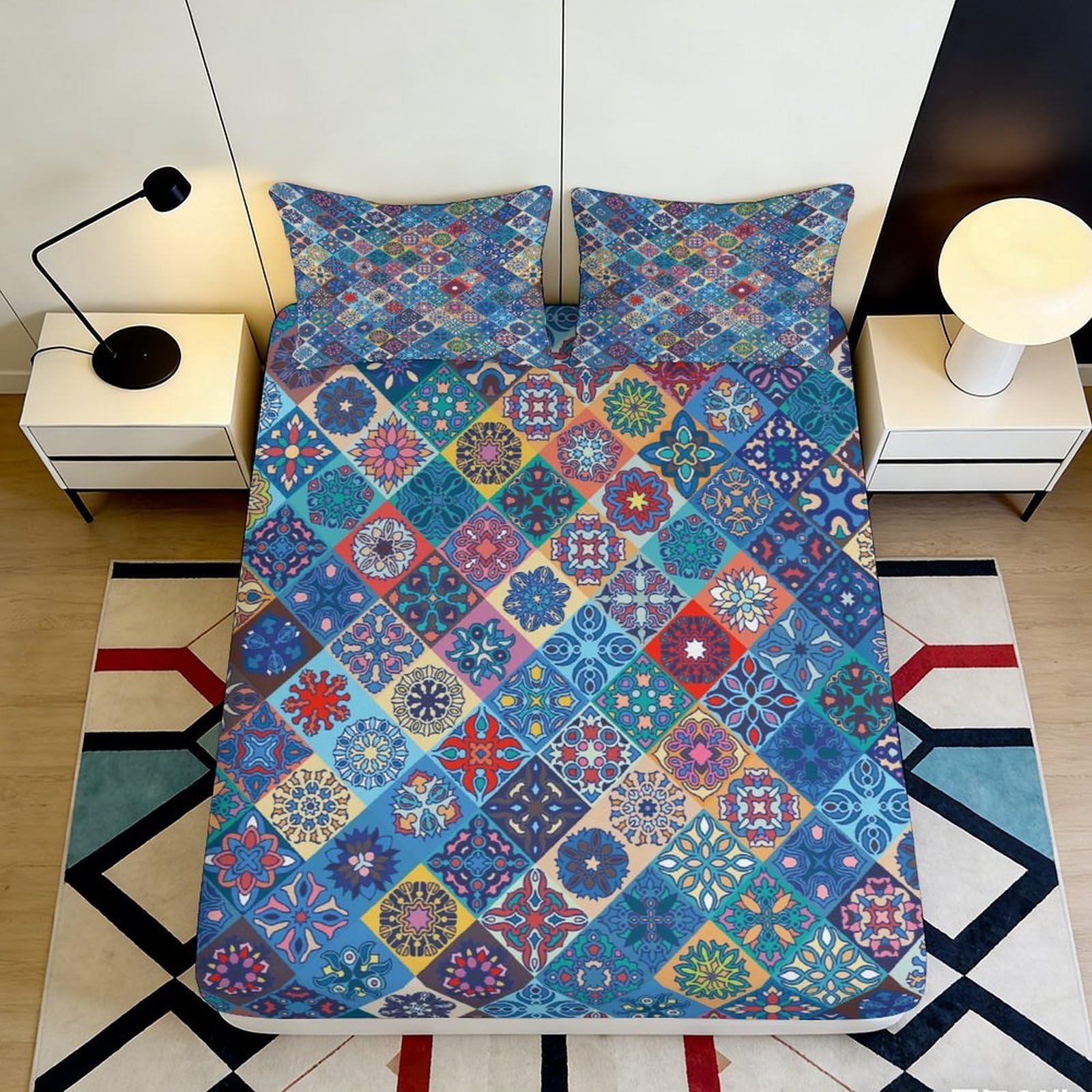 Pnayamiorkfel Style-10 3D Printed Mosaic Tile Pattern Fitted Sheet Microfiber Soft Colorful Geometric Mattress Cover For Bedroom Guest Room Decor 90X200x25cm