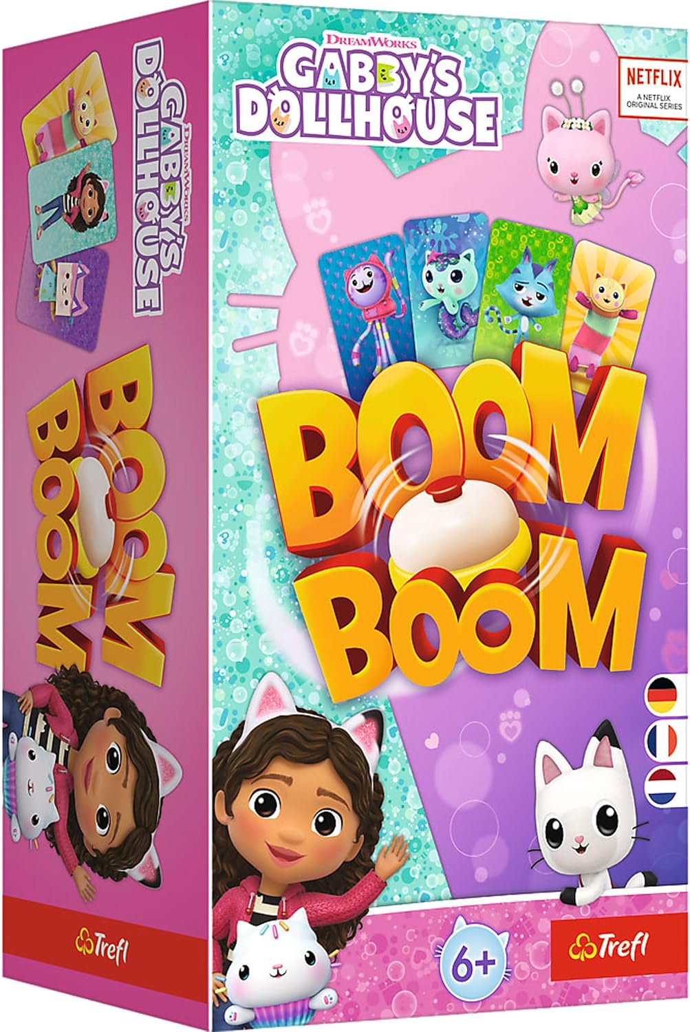 Trefl - Boom Boom, Gabby's Dollhouse - dynamic family game, game for the whole family, card game with the characters of the TV series Gabby's cat house for children from 6 years old