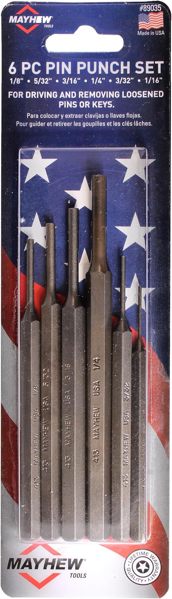 Mayhew Tools 89035 SAE Pin Punch Set Carded, 6-Piece, Shot-Blast Finish