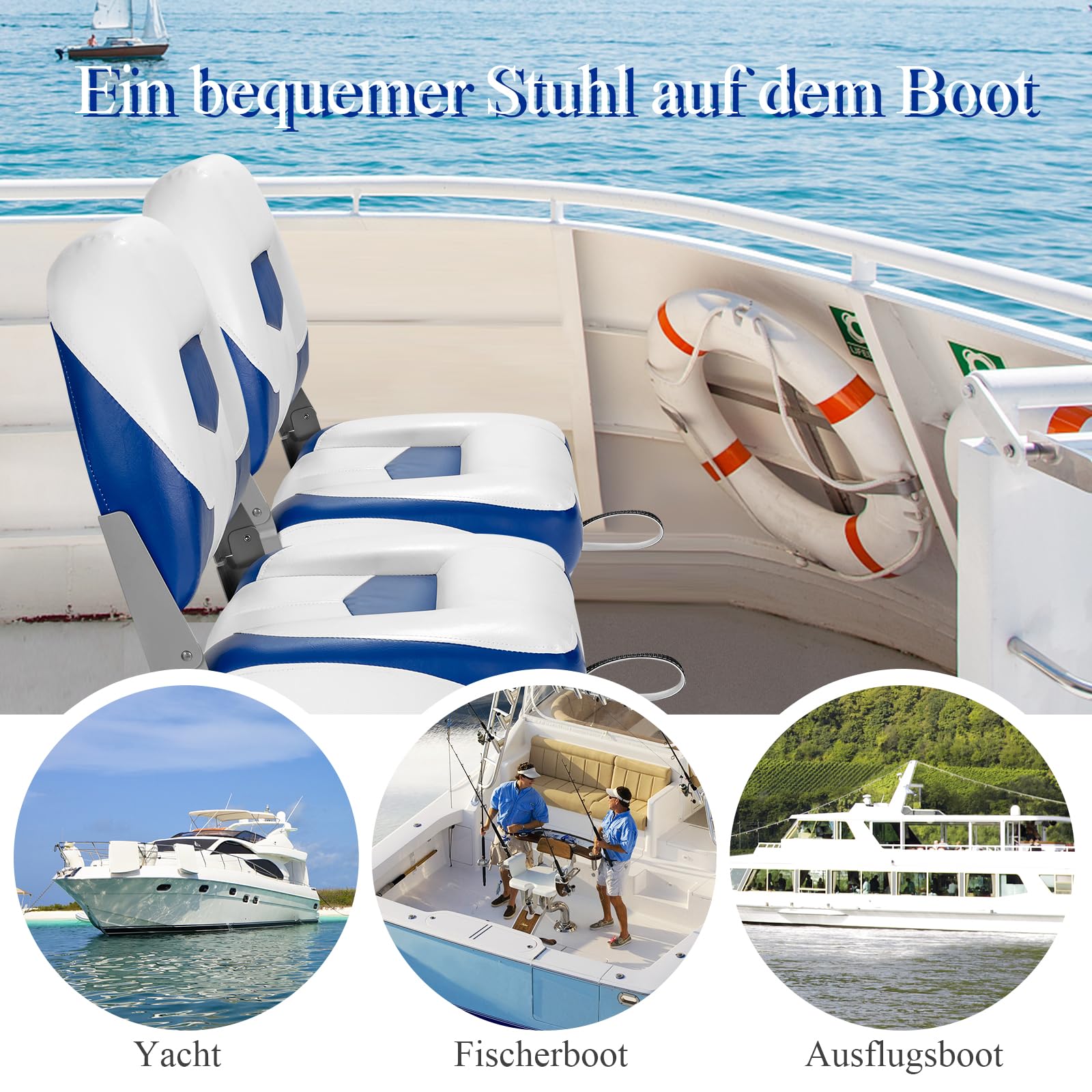 GYMAX Juego de 2 Asientos para Barco Plegables y Acolchados, 42 x 50 x 52 cm, Asiento Plegable para Barcos (Azul y Blanco)