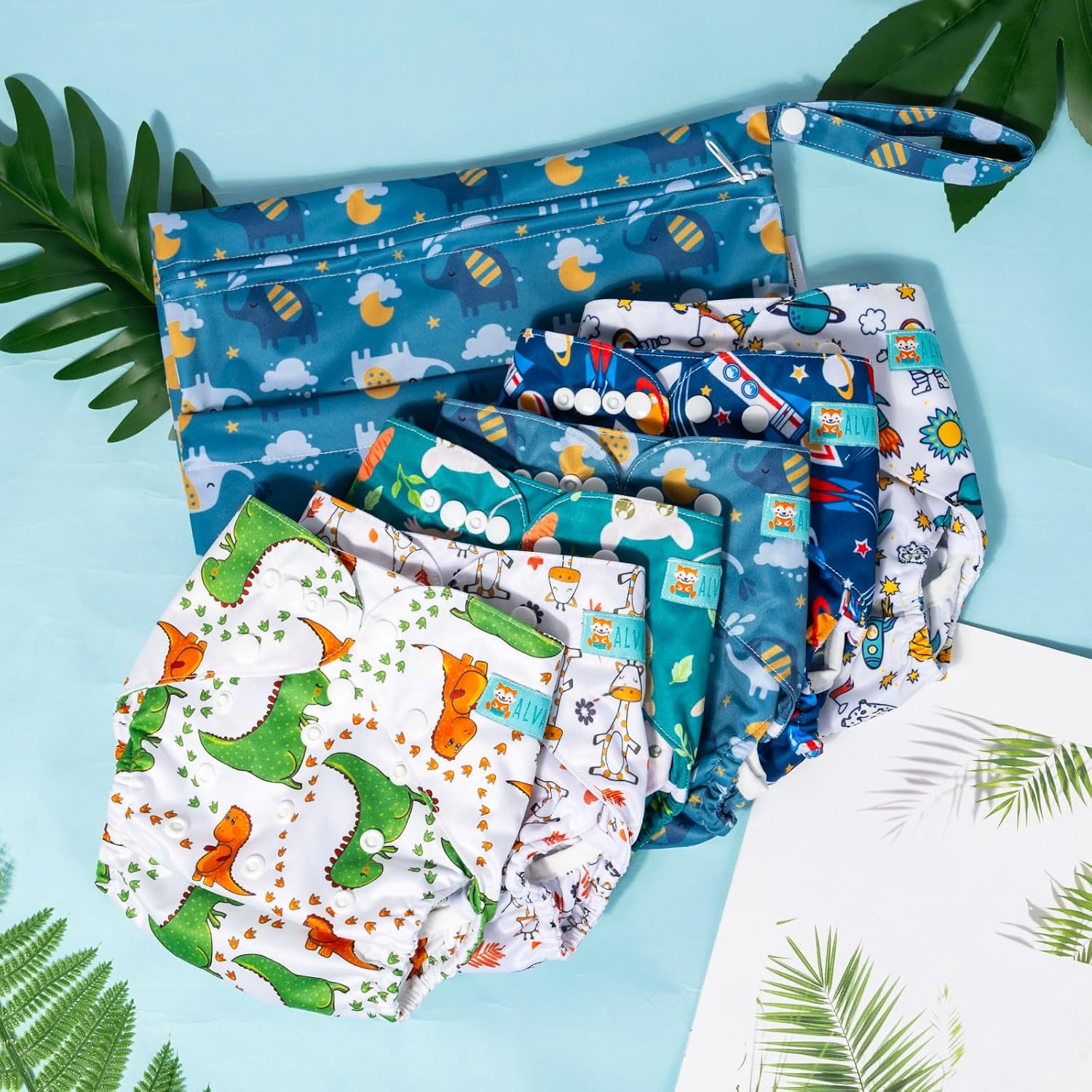 ALVABABY 6pcs Cloth Diaper Covers &1 Wet Dry Bag, Washable Reusable Cloth Nappy Shell for Prefold with Multi-Functional Bag, Flat or Fitted Diaper Inserts 6NKZ06