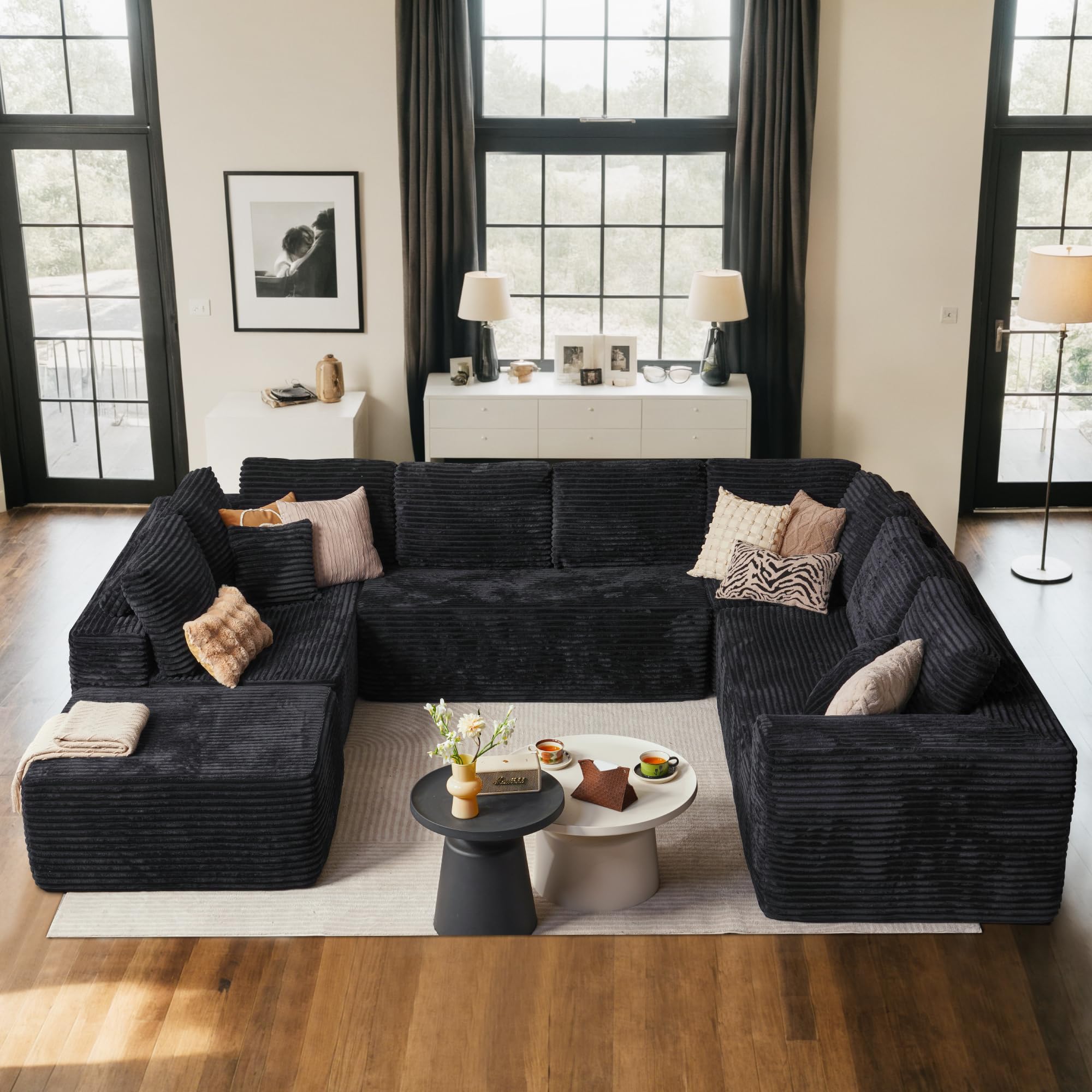 ovios Sectional Cloud Couch for Living Room, Modular Floor Sofa with Plush Corduroy, No Assembly Required, Big Comfy Couches Set with Fluffy Memory Foam, Stupendous U Shaped Sofas with Chaise, Black