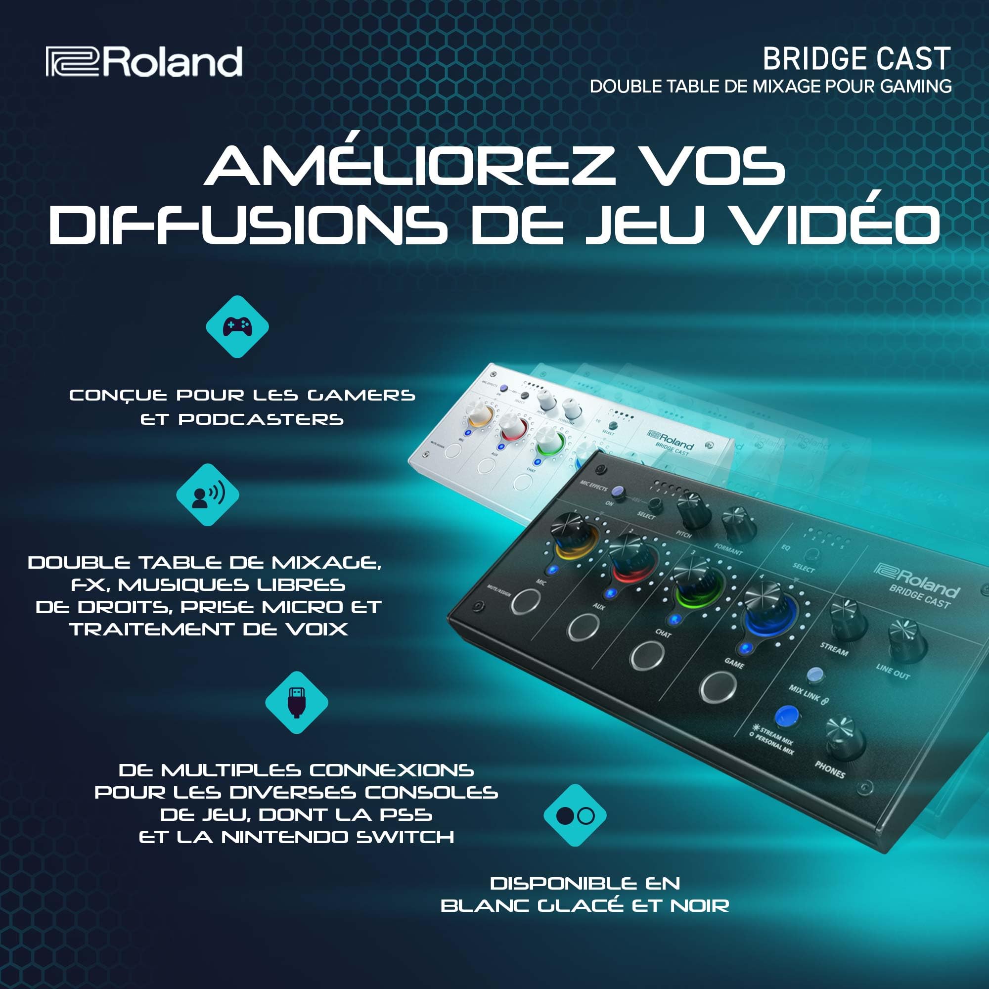 Roland Double table de mixage de gaming BRIDGE CAST | Interface de streaming audio professionnel et table de mixage pour joueurs en ligne | DSP matériel 32 bits | Noire