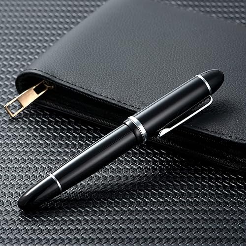Miniatura 8 de Jinhao X159 - Pluma estilográfica acrílica negra, tamaño 8, punta extra fina, borde plateado, diseño clásico, bolígrafo de escritura suave con