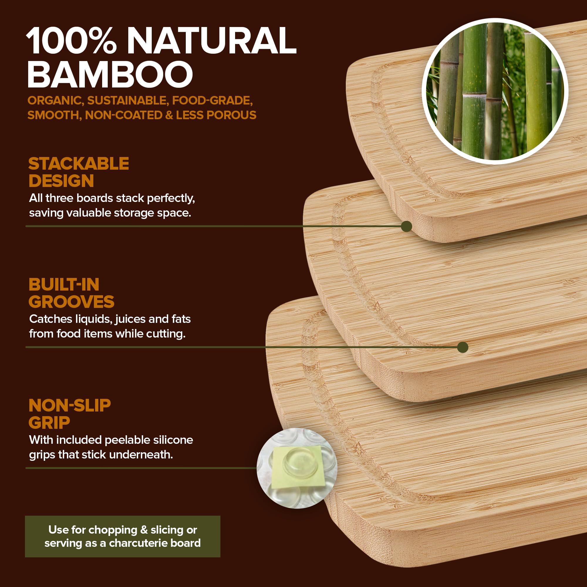 Tablas de cortar de madera para encimera de cocina, juego de tablas de cortar de bambú con agarres adhesivos (paquete de 3), tablas de cortar de madera gruesas antideslizantes para carne, queso