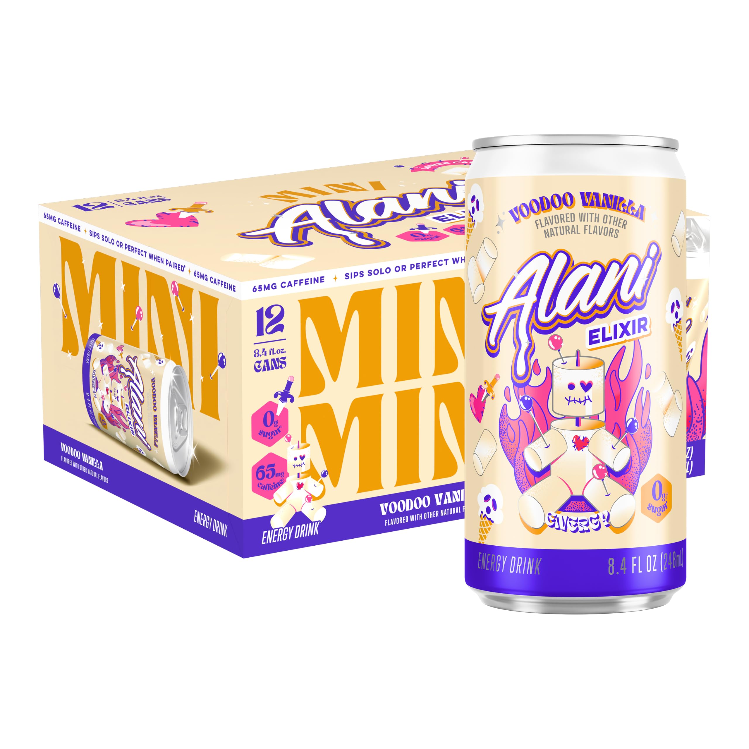 Alani Nu Mini VOODOO VANILLA, Sugar Free, Low Calorie Energy Drinks, 65mg Caffeine, Biotin, B Vitamins, Zero Sugar, 5 Calories, 8.4 Fl Oz Cans, 12 Pack