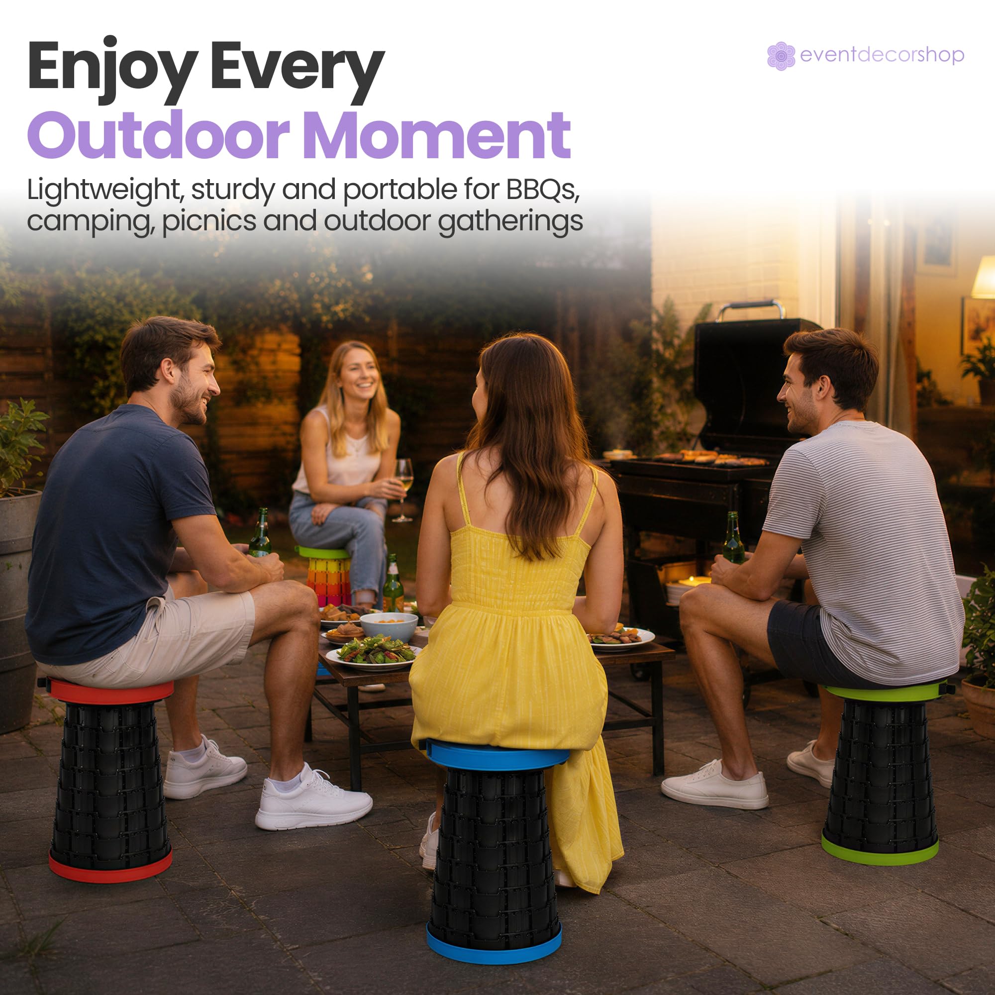 Event Decor Shop Tabouret de camping télescopique 200 kg – Vert arc-en-ciel, 3 pièces | Siège réglable, tabouret rétractable en plastique haute résistance pour événements et activités en intérieur et en extérieur