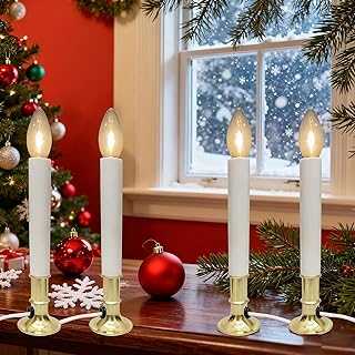 Abeja Set of 4 Electric Window Candles, 9 Inch Plug in Window Candle Lamps with 4 C26 LED Bulbs, Electric Candles with Built-in Auto Sensor, Turns Candle on in Dark and Off in Light