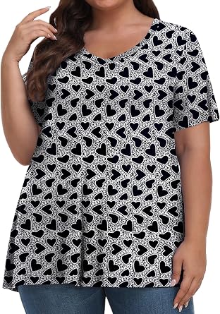Tencede Womens Plus Size Tops Short Sleeve Tunic Shirts V Neck Summer Floral Loose Fit Blouse XL-5X