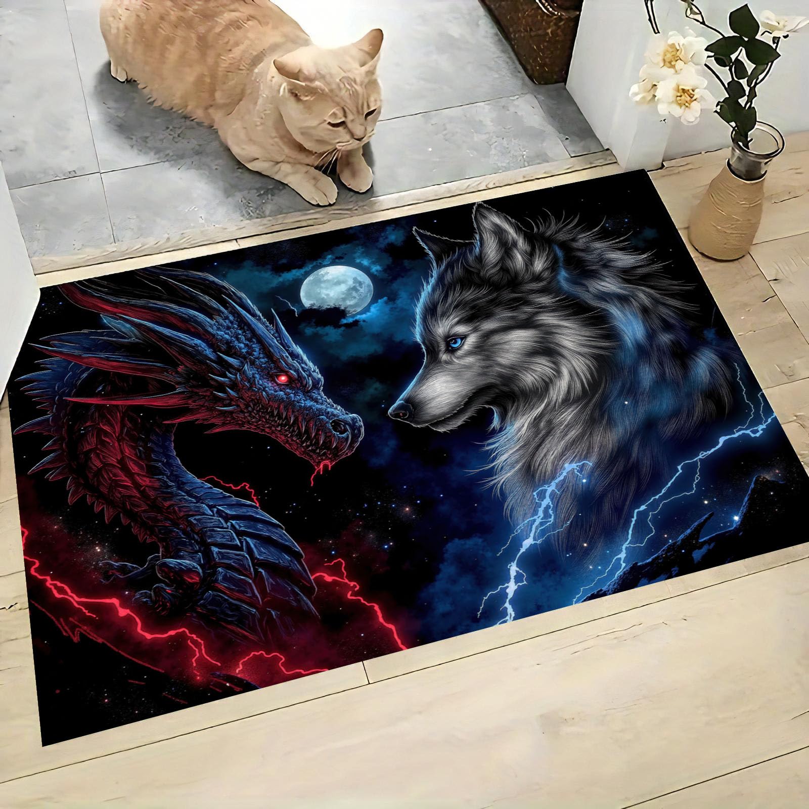 Tapis entrée intérieur animaux fantastiques rouge et bleu pour décorer votre salon et couloir
