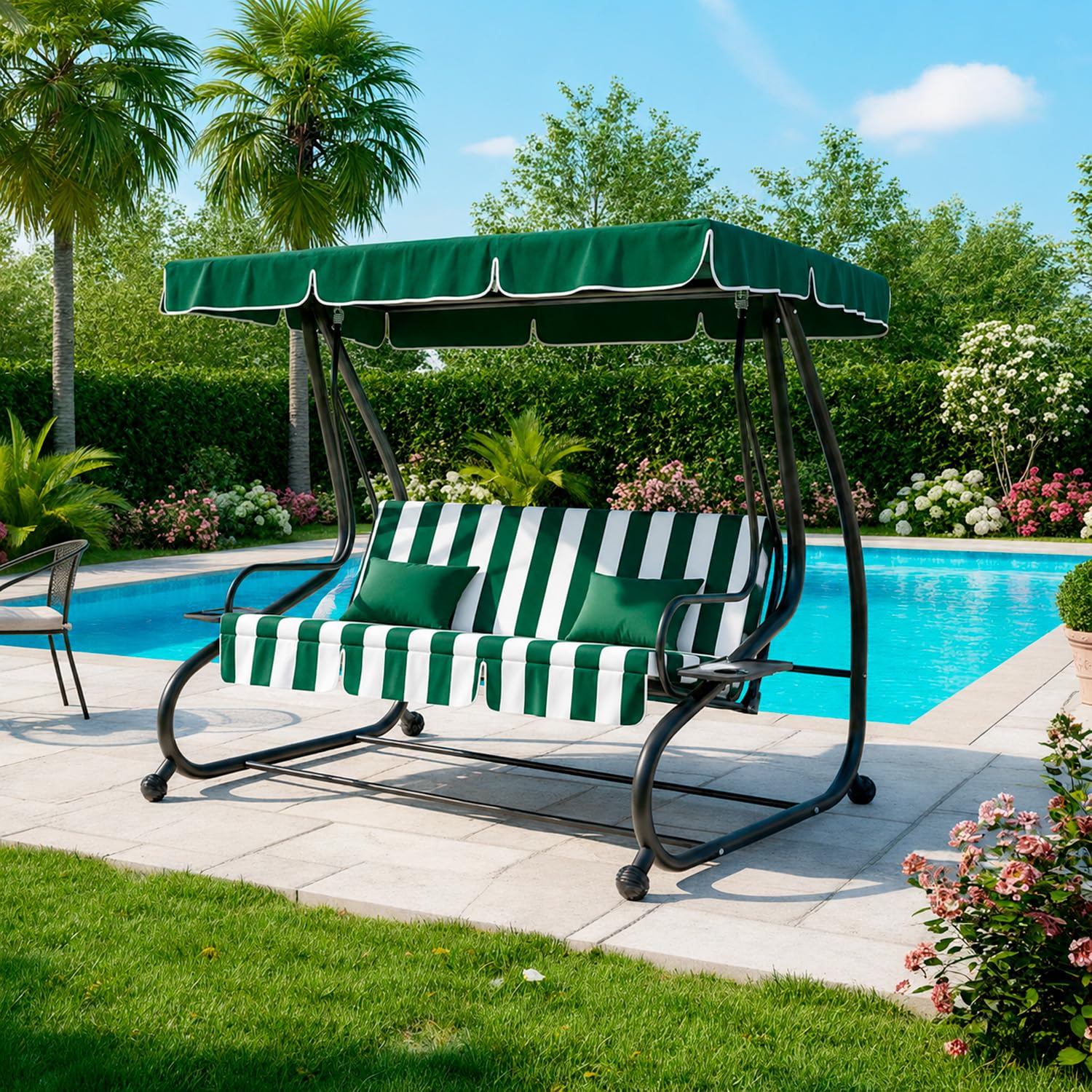 Dondolo Altalena 3 Posti Reclinabile Con Copertura Parasole Orientabile Trasformabile In Letto Telaio Resistente Per Giardino Terrazza Balcone Relax 200 x 120 x 160 Cm Verde E Bianco