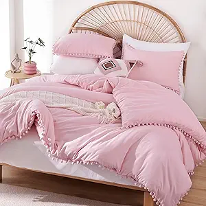 YIRDDEO King Size Comforter Set - King Size Comforter with Ball Pom Fringe, Soft King Bedding Set for All Seasons - 3 Pieces, 1 Comforter (104"x90"inches) & 2 Pillow Shams(20"x36"), Dust Pink