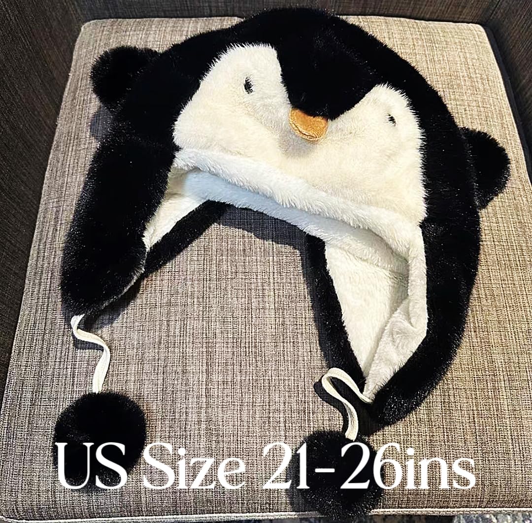 Fuzzy Winter Hat Thick Plush Bearnie Faux Fur Warm Cute Penguin with Cat Ears and Pompoms White and Black