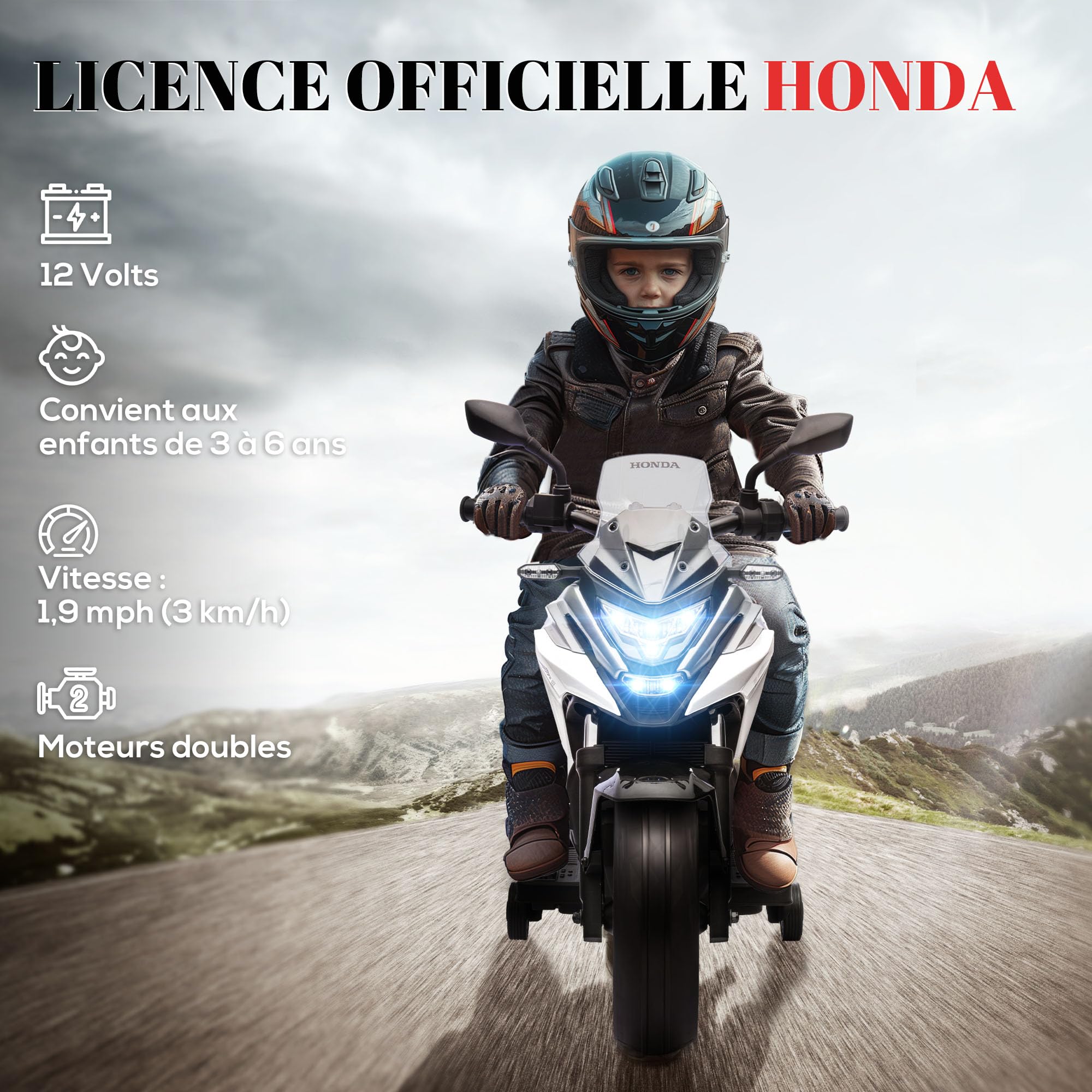 AIYAPLAY Moto électrique Enfants Honda 3-6 Ans Musique Phares 2 Roues d'entraînement 107x46x75 cm Blanc