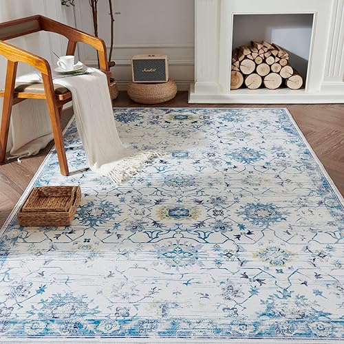 jinchan Area Rug 3x5 Washable Rug Kitchen Blue Floral Print Vintage Rug Entryway Doormat Boho Farmhouse Indoor Floor Cover Non Slip Soft Bath Mat for Bedroom Living Room Dining Room
