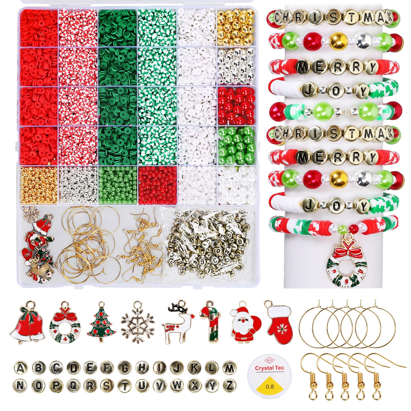 JarThenaAMCS 5284Pcs Christmas Clay Beads Friendship Bracelet Making Kit Xmas Red Green Letter Mixed Loose Spacer Polymer Beads for Holiday Necklace Earring DIY Crafts Gift Jewelry Making