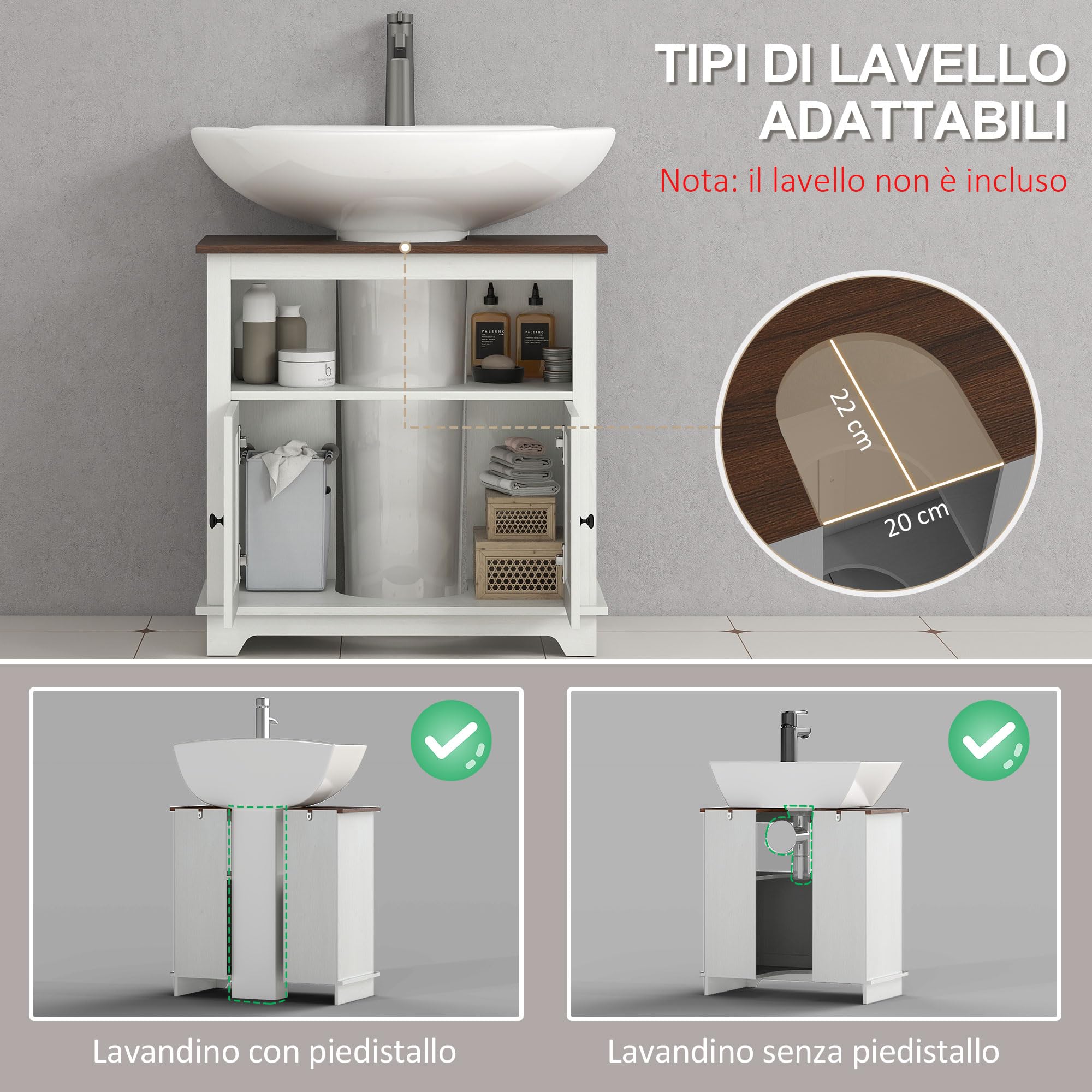 kleankin Mobile Bagno Sotto Lavabo Armadietto a 2 Ante Bianco e color Noce | Ripiano Aperto, Truciolato, Mobile da Bagno per Lavabi con o Senza Colonna, 60x30x60 cm, Bianco e color Noce