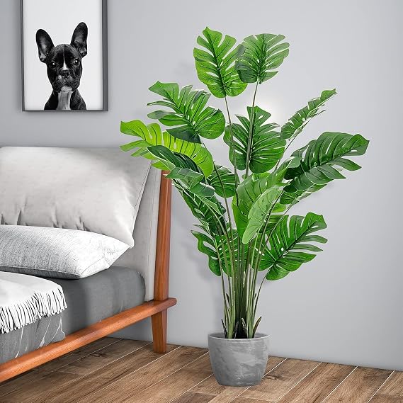 HAPPYGRILL Artificial Monstera Deliciosa Plant, 5FT Faux Plant with Cement Pot, 15 Large Leaves, Decorative Fake Greenery Plants, Indoor & Outdoor Decor for Home Office (1)