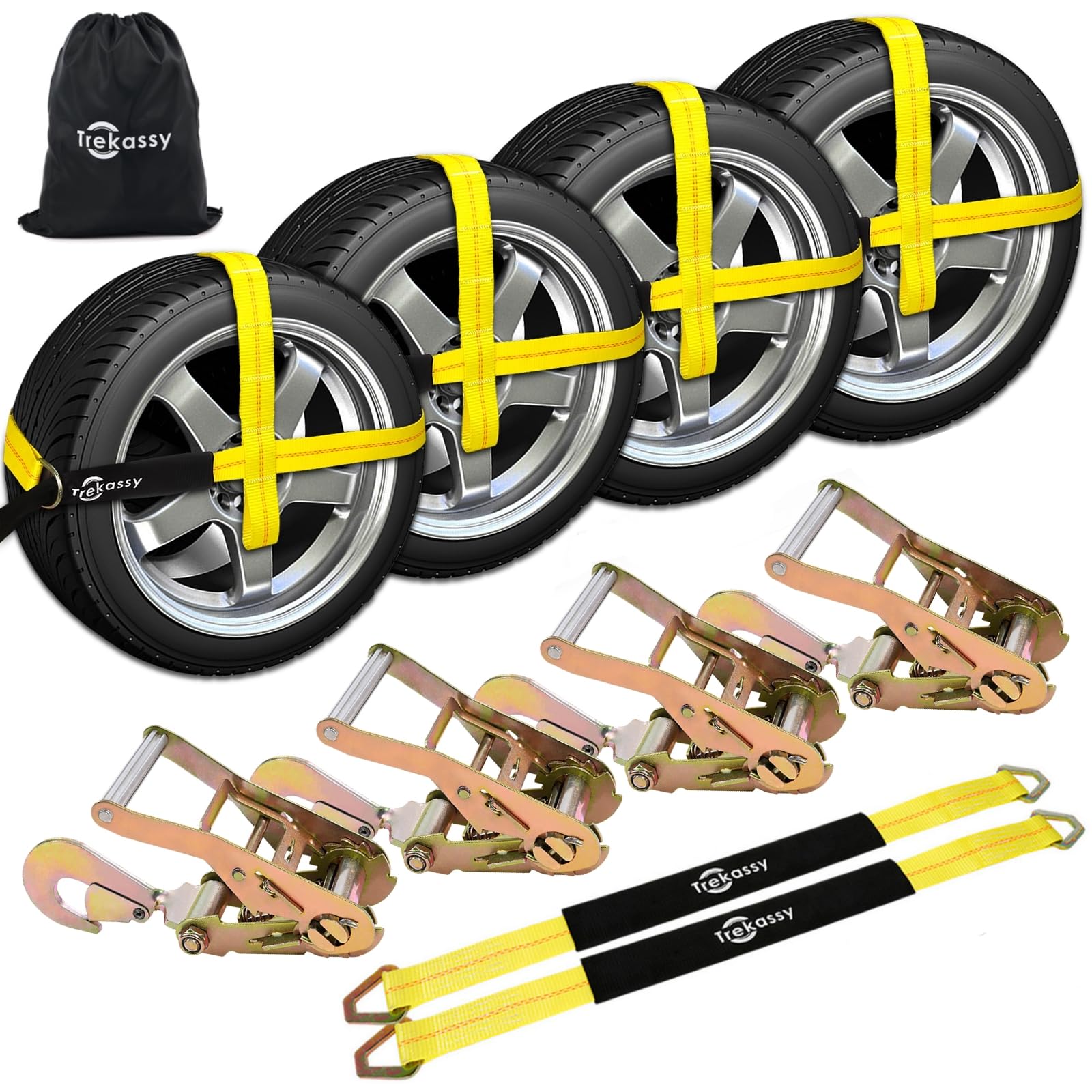 Trekassy 2" x 120" Car Tie Down Straps for Trailers (4PK), Heavy Duty Adjustable Tire Straps, 10,000 lb Break Strength, Includes 4 Ratchets with Snap Hooks, 2 Multi-Purpose Axle Straps
