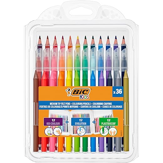 Bic - Pack Coloreado Para Ñiños, 12 Lápices De Colores, 12 Rotuladores Y 12 Ceras Plastidecor En Oferta Bic Kids Set Para Colorear, 12 Rotuladores, 12 Lápices De Colores, 12 Ceras, Colores Surtidos, Paquete De 36 Unidades