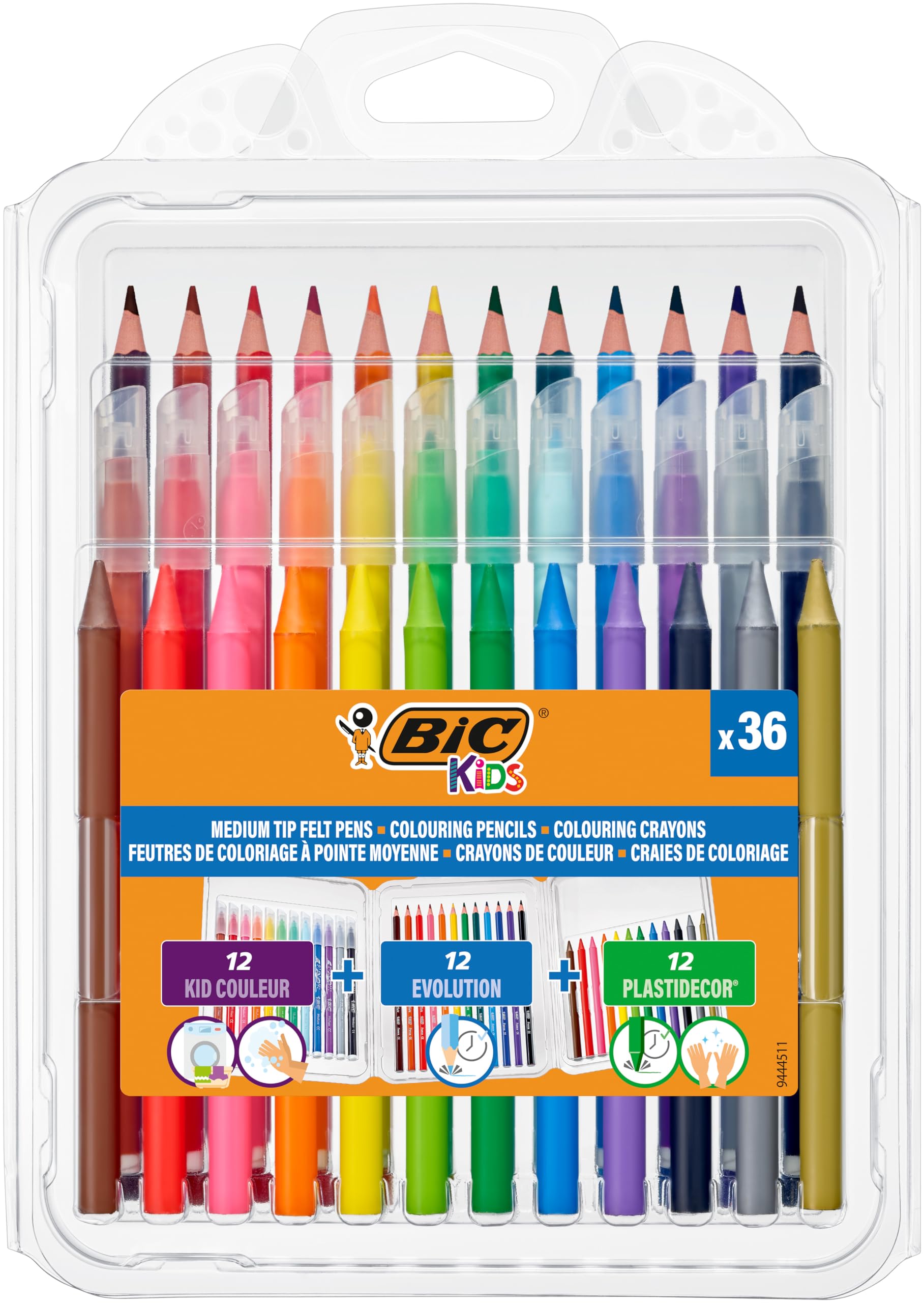 BIC Kids Set Para Colorear, 12 Rotuladores, 12 Lápices de Colores, 12 Ceras, Colores Surtidos, Paquete de 36 Unidades