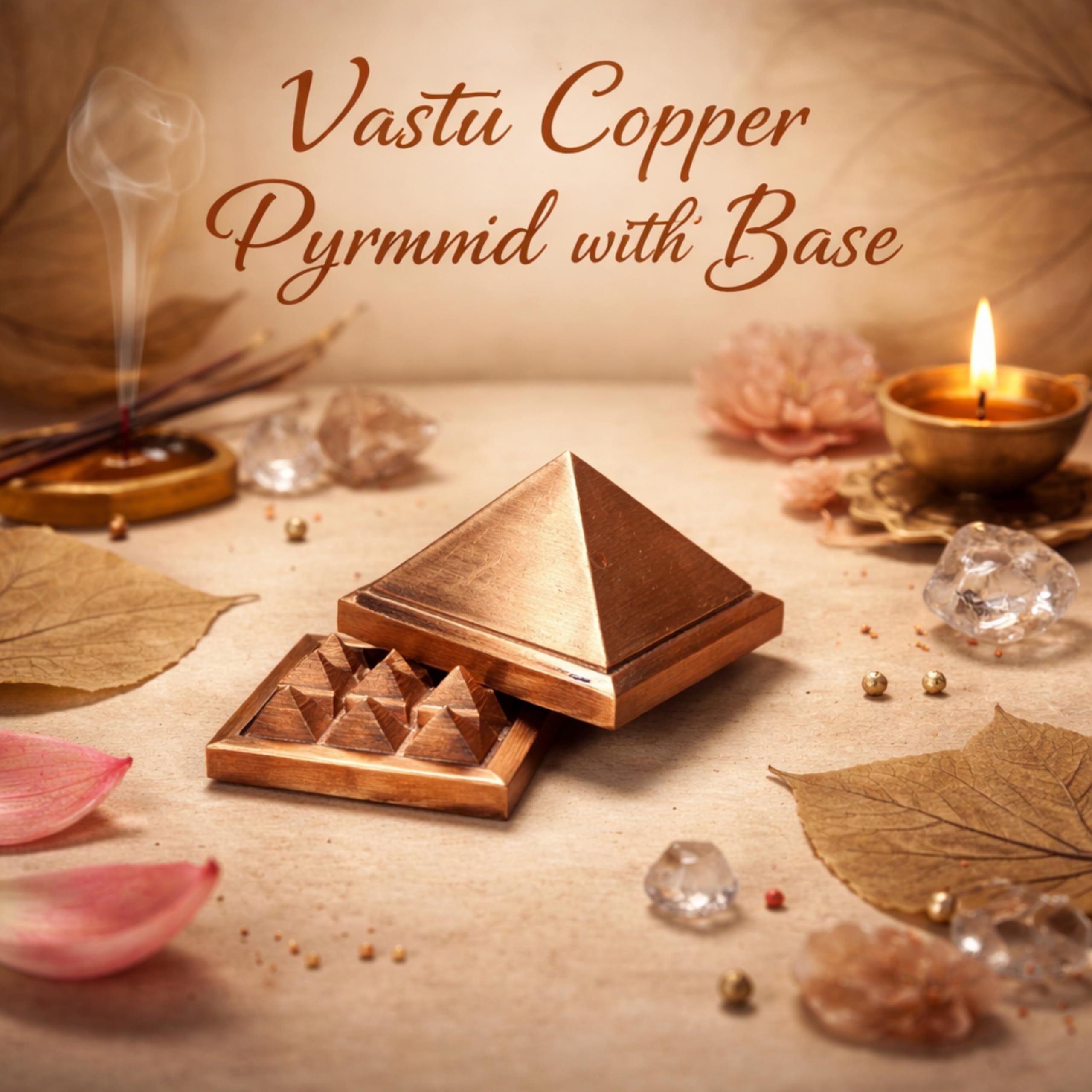 REMEDYWALA Vastu Copper Pyramid with Base 9 Pyramid Plate | South East Vastu Dosha Remedies | Size 3.5CM Approx. Copper Model